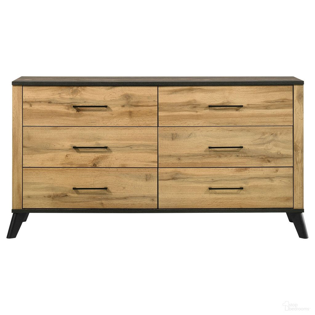 The appearance of Kaywood 6-Drawer Dresser Cabinet In Weathered Brown and Natural Pine designed by Coaster in the transitional interior design. This weathered brown/natural pine piece of furniture was selected by 1StopBedrooms from Kaywood Collection to add a touch of cosiness and style into your home. Sku: 225003. Material: Wood.