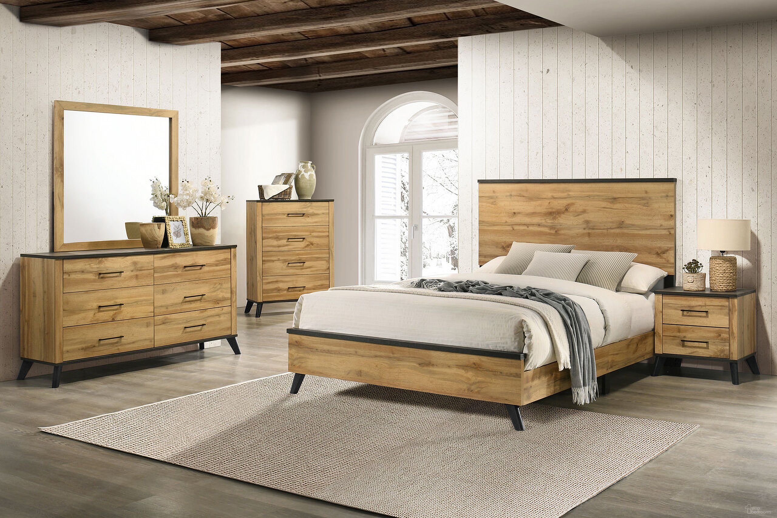 The appearance of Kaywood Panel Bedroom Set In Weathered Brown and Natural Pine designed by Coaster in the transitional interior design. This weathered brown/natural pine piece of furniture  was selected by 1StopBedrooms from Kaywood Collection to add a touch of cosiness and style into your home. Sku: 225001Q;225002. Bed Size: King. Material: Laminate.