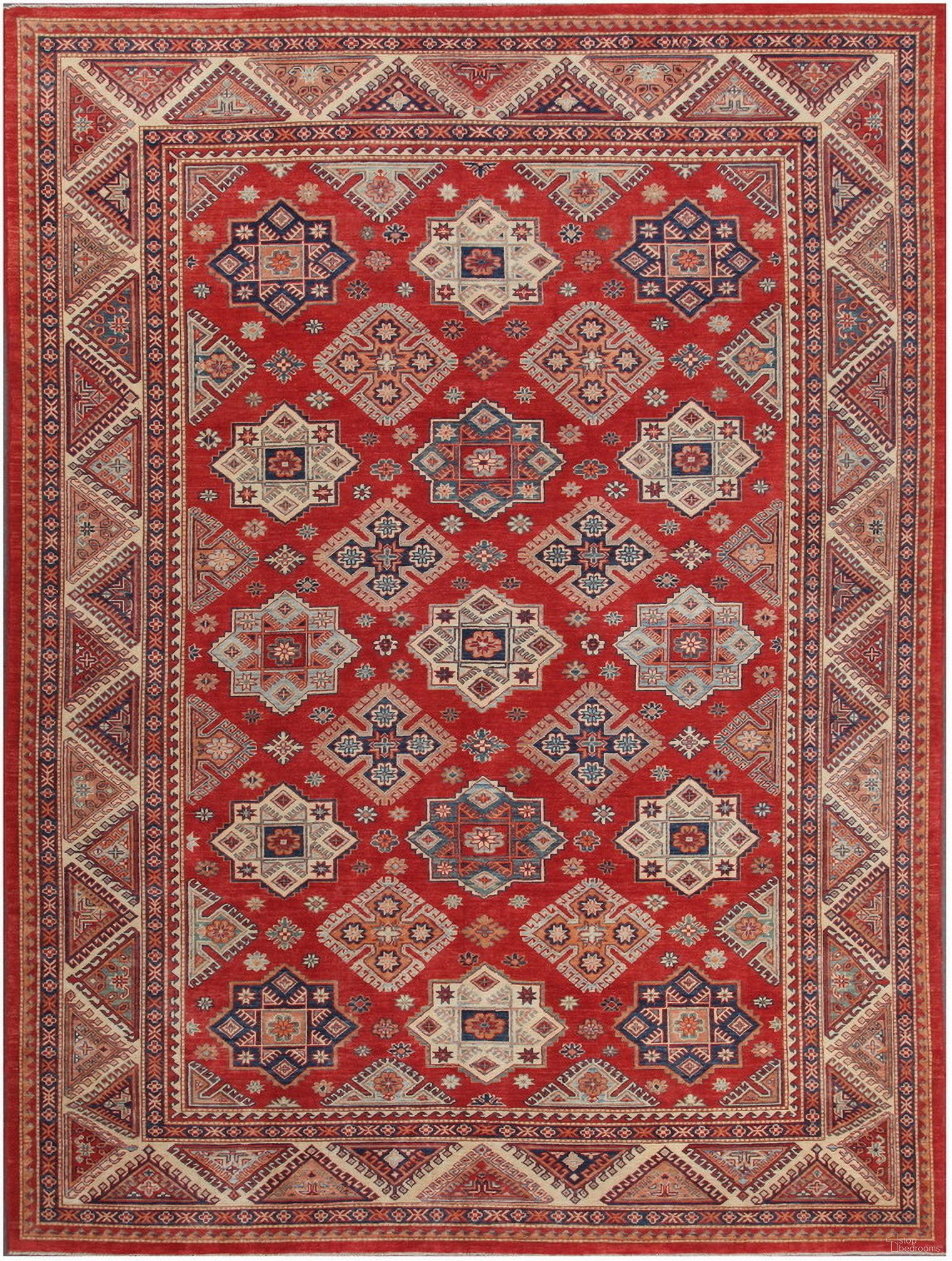 Kazak Collection Hand-Knotted Lamb's Wool Area Rug- 10' x 13' 7" In Ivory and Rust