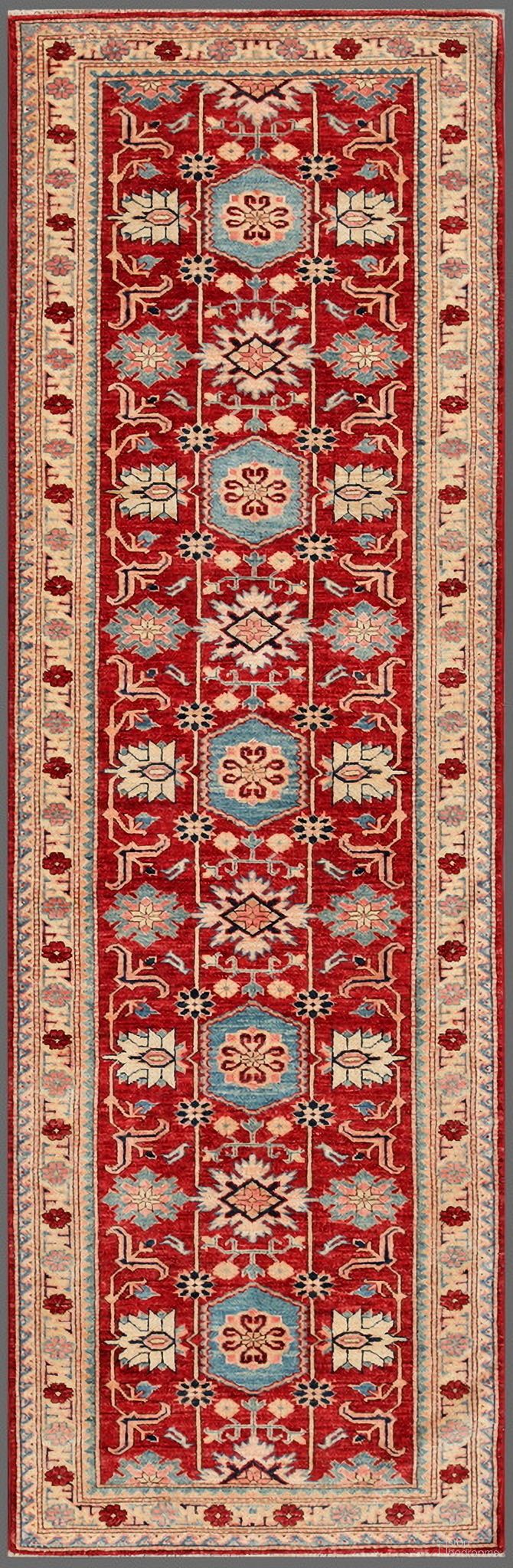 Kazak Collection Hand-Knotted Lamb's Wool Area Rug- 3' 1" x 9' 7" In Ivory and Rust