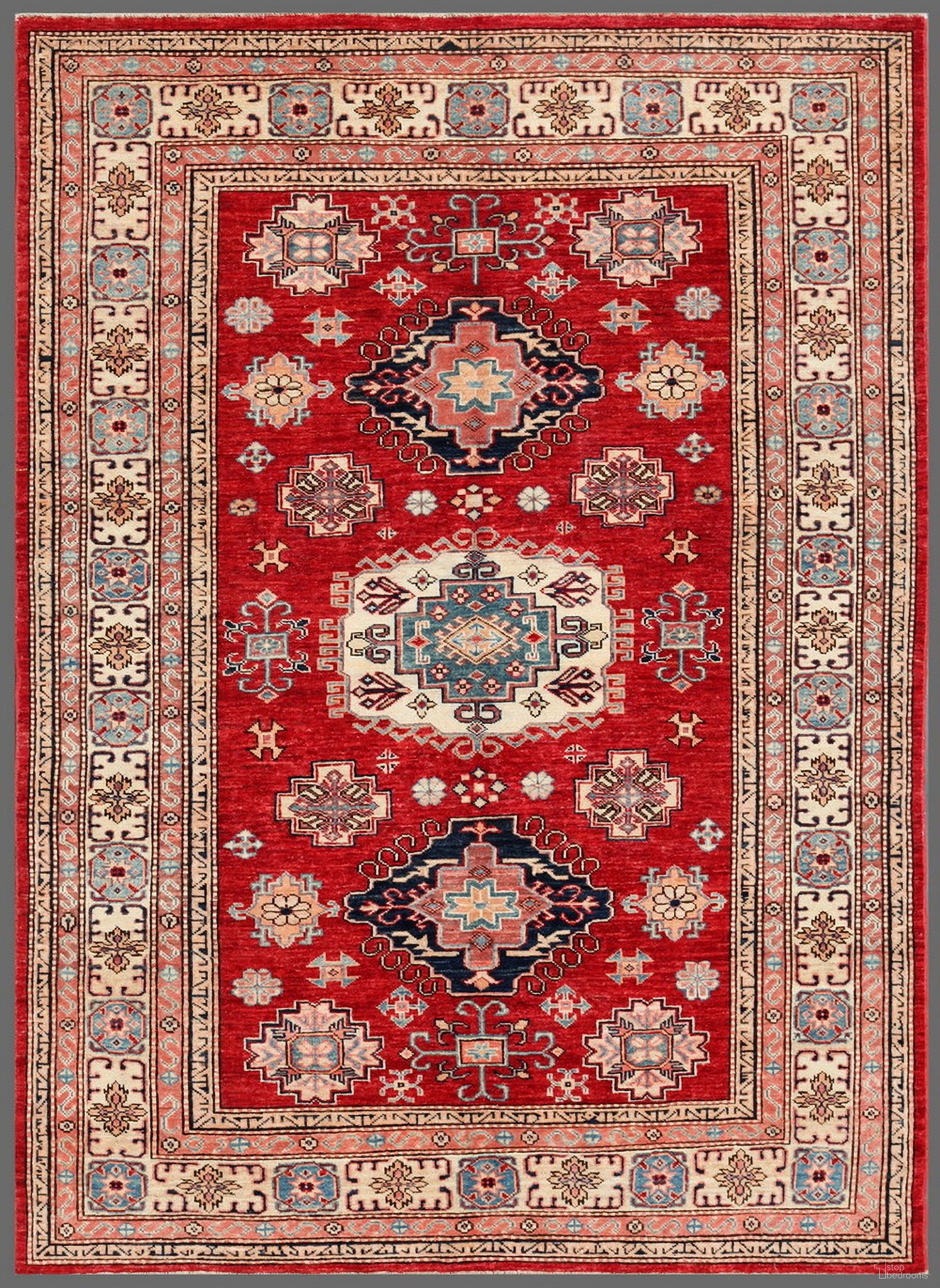 Kazak Collection Hand-Knotted Lamb's Wool Area Rug- 4' 8" x 6' 6" In Ivory and Rust