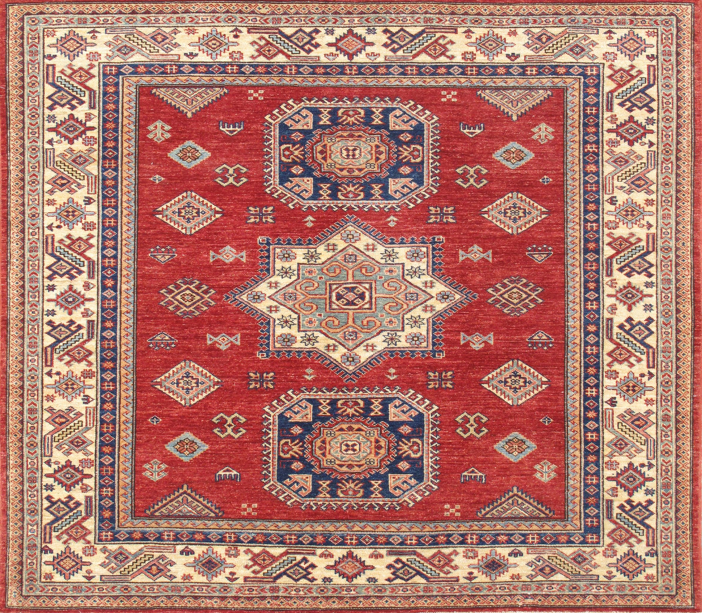 Kazak Collection Hand-Knotted Lamb's Wool Area Rug- 5' 2" x 5' 11" In Ivory and Red