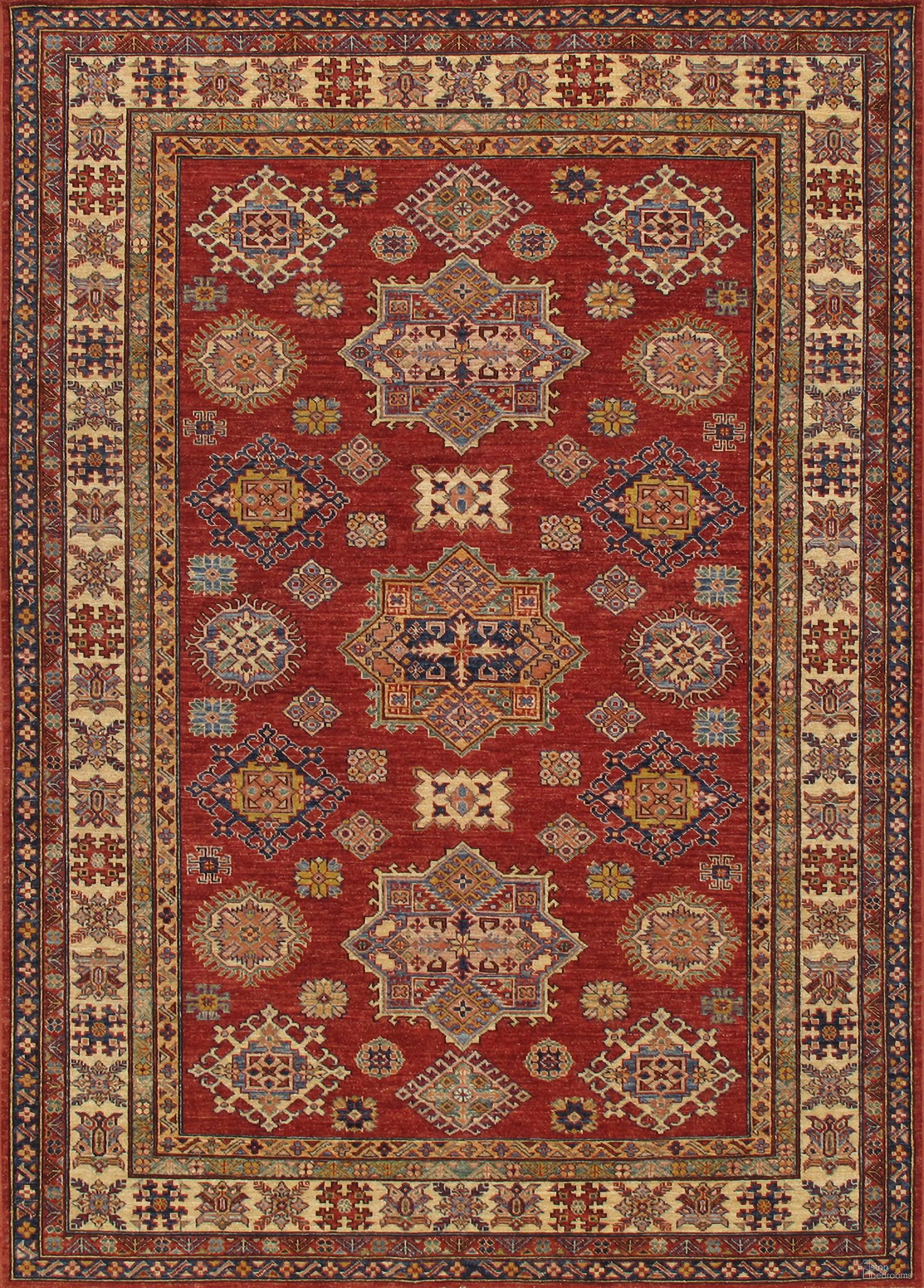 Kazak Collection Hand-Knotted Lamb's Wool Area Rug- 6' x 8' 6" In Ivory and Red