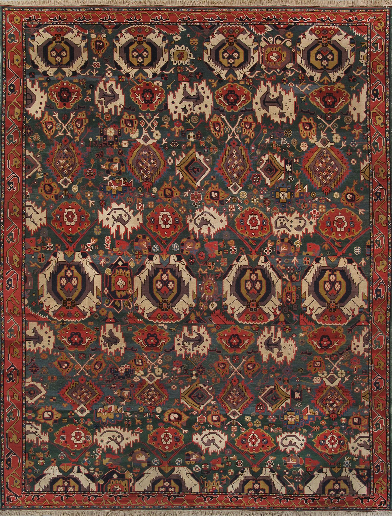 Kazak Collection Hand-Knotted Lamb's Wool Area Rug- 8' 11" x 11' 7" In Green and Rust