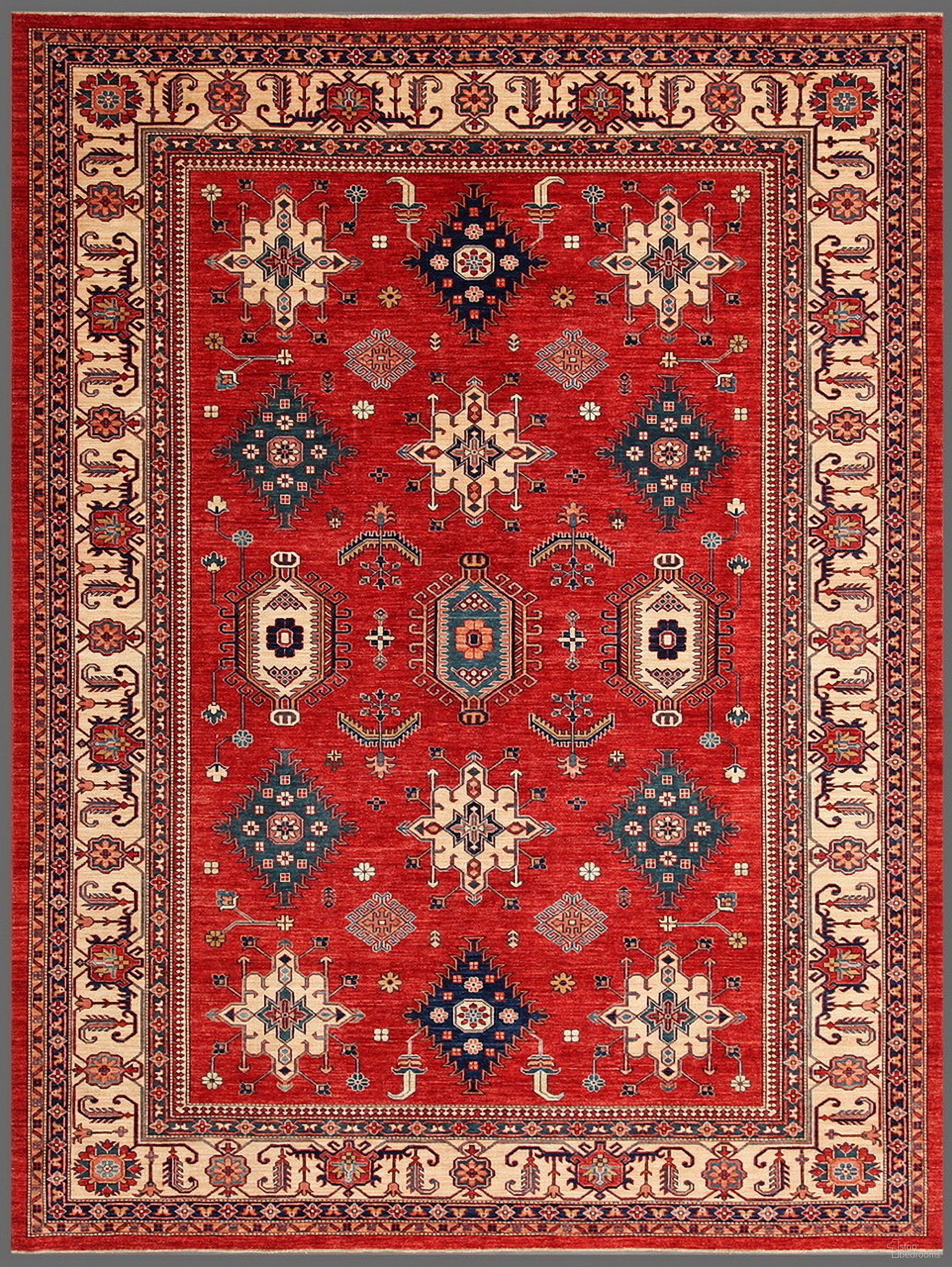 Kazak Collection Hand-Knotted Lamb's Wool Area Rug- 8'11" x 11' 8" In Ivory and Rust