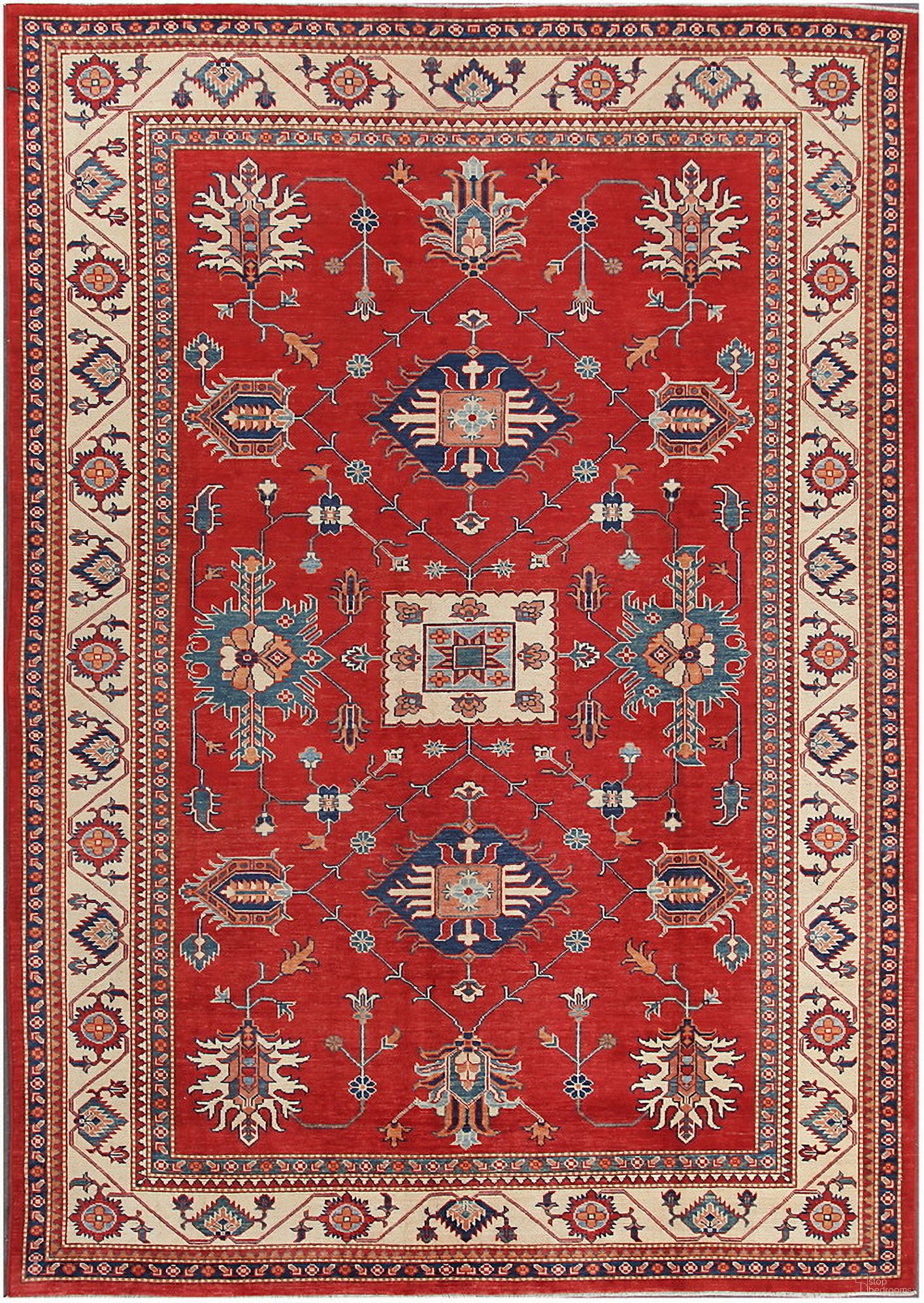 Kazak Collection Hand-Knotted Lamb's Wool Area Rug- 8' 3" x 11' 9" In Ivory and Rust
