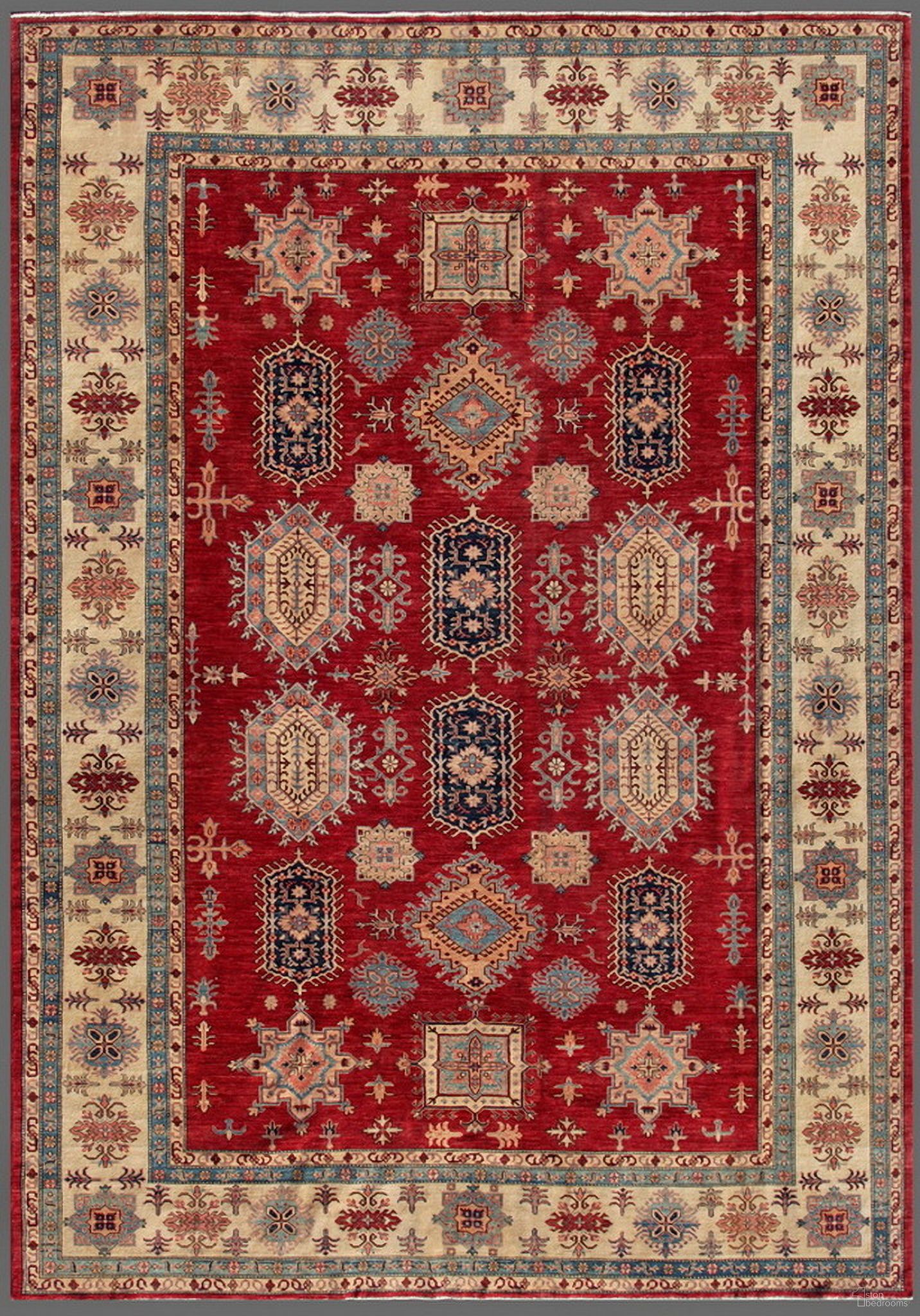 Kazak Collection Hand-Knotted Lamb's Wool Area Rug- 9' 9" x 13' 3" In Ivory and Rust