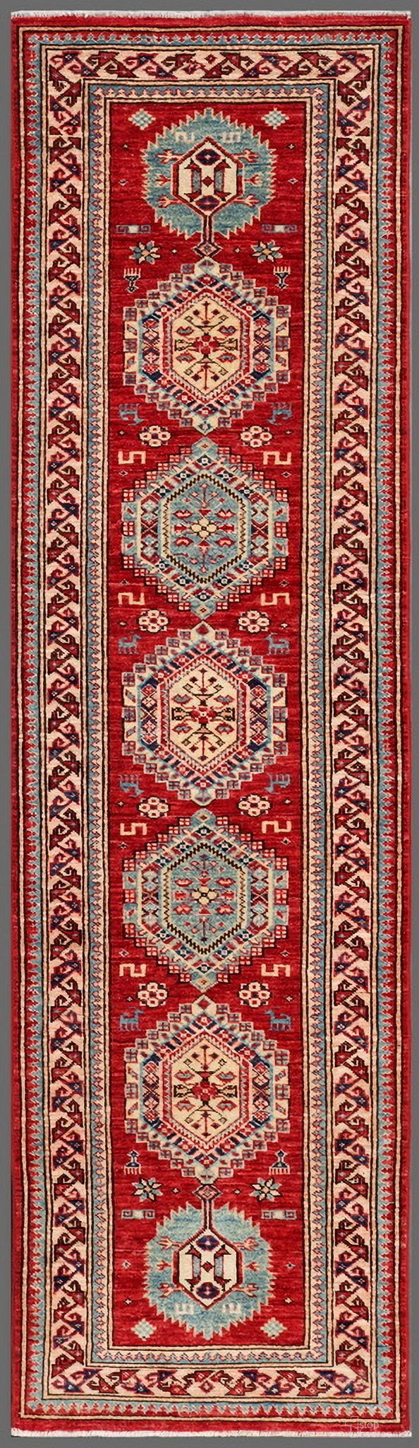 Kazak Collection Hand-Knotted Lamb's Wool Runner- 2' 2" x 7' 10" In Ivory and Rust