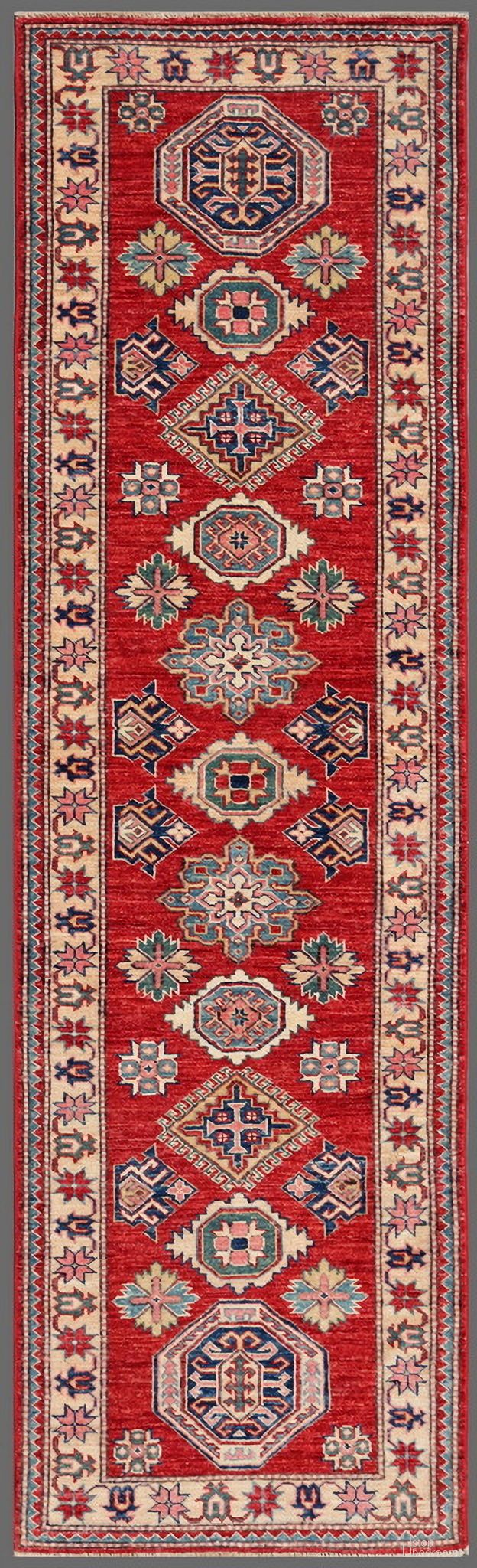 Kazak Collection Hand-Knotted Lamb's Wool Runner- 2' 6" x 8' 6" In Ivory and Rust