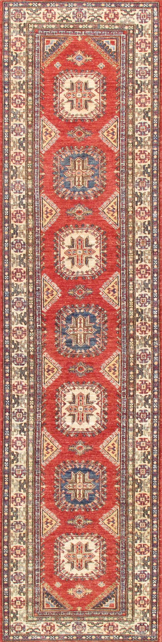 Kazak Collection Hand-Knotted Lamb's Wool Runner- 2' 8" x 10' 11" In Ivory and Red