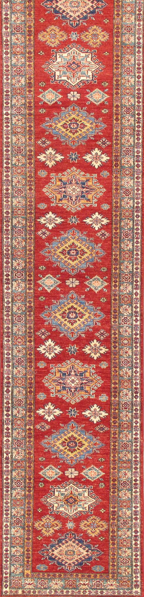 Kazak Collection Hand-Knotted Lamb's Wool Runner- 2' 9" x 12'10" In Blue and Red