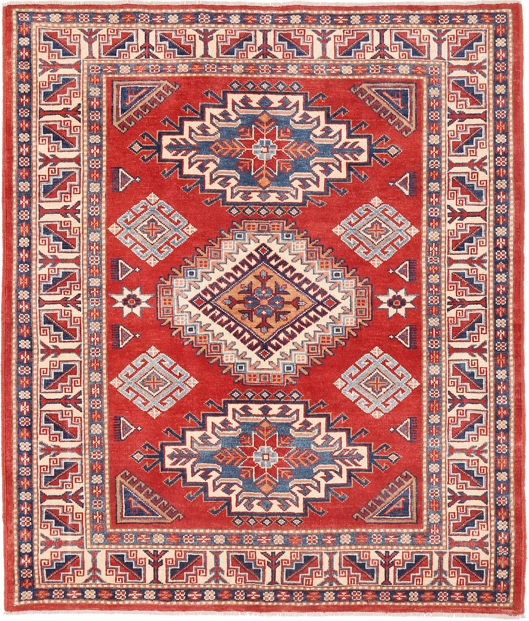 Kazak Collection Hand-Knotted Wool Area Rug- 4'11" x 5'11" In Ivory and Rust