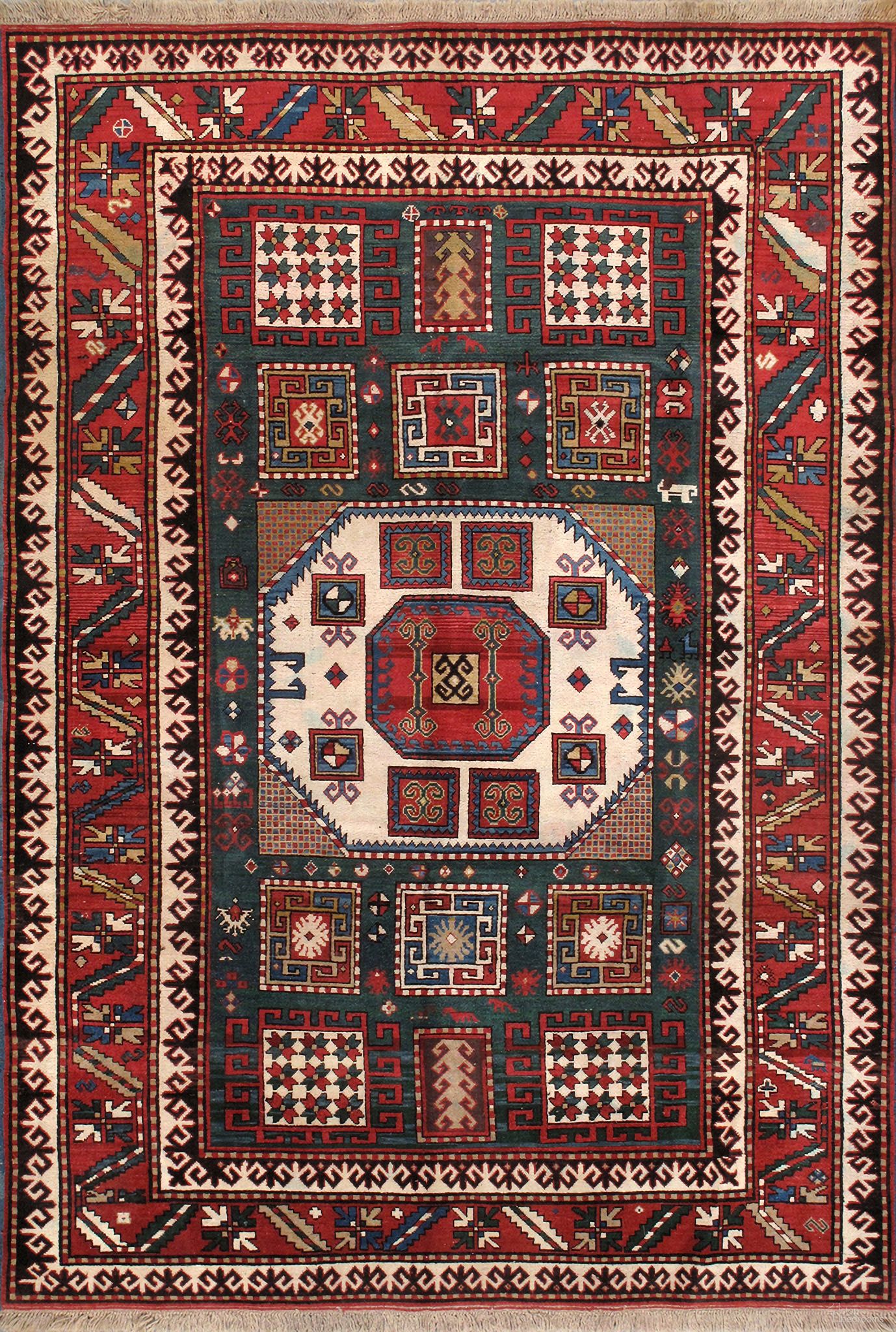 Kazak Collection Hand-Knotted Wool Area Rug- 5'10" x 8' 6" In Green and Rust