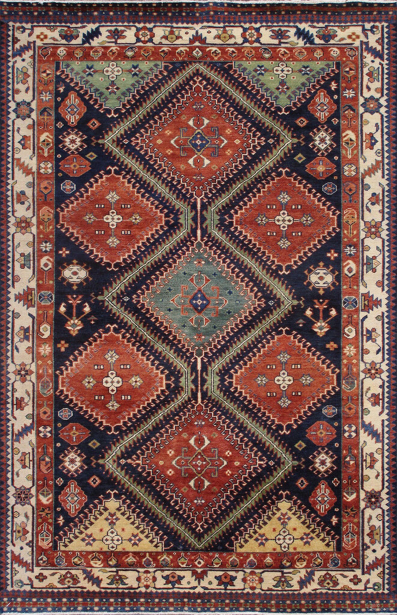 Kazak Collection Hand-Knotted Wool Area Rug- 6' 8" x 10' 3" In Navy and Ivory