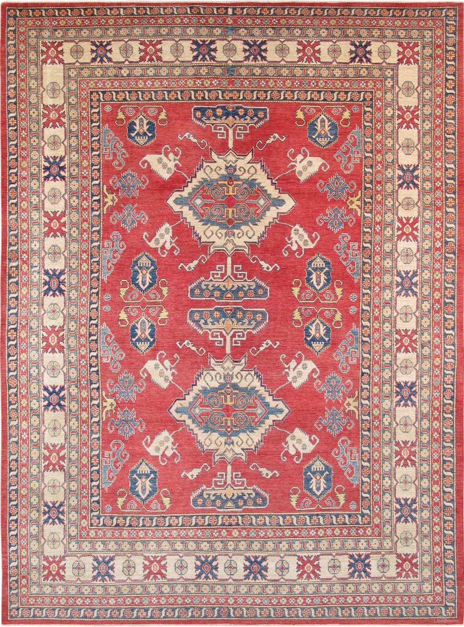 Kazak Collection Hand-Knotted Wool Area Rug- 9' 7" x 13' 4" In Ivory and Rust