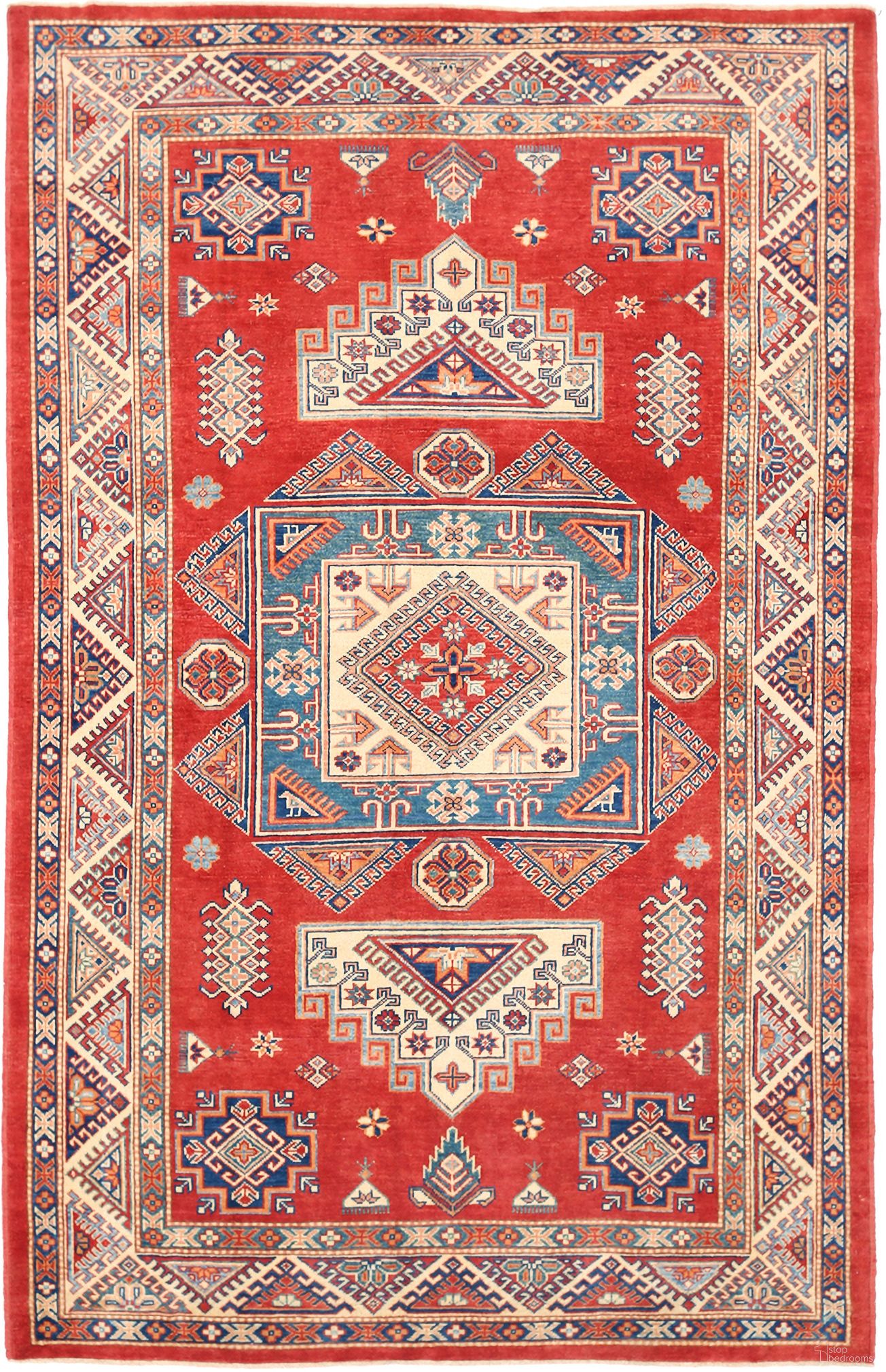 Kazak Collection Wool Area Rug- 6' 2" x 9'10" In Ivory and Rust