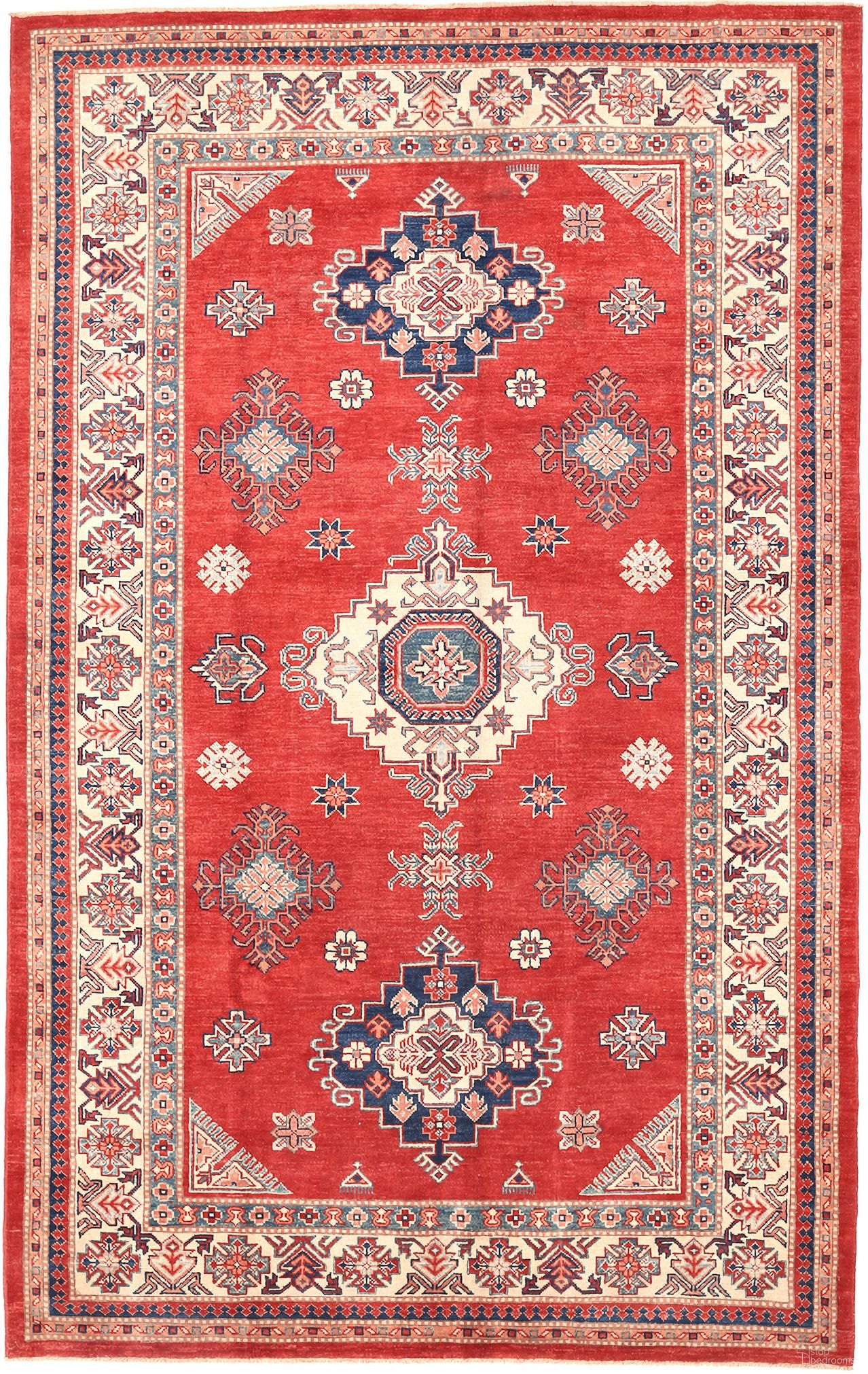 Kazak Collection Wool Area Rug- 6' 3" x 10' In Ivory and Rust