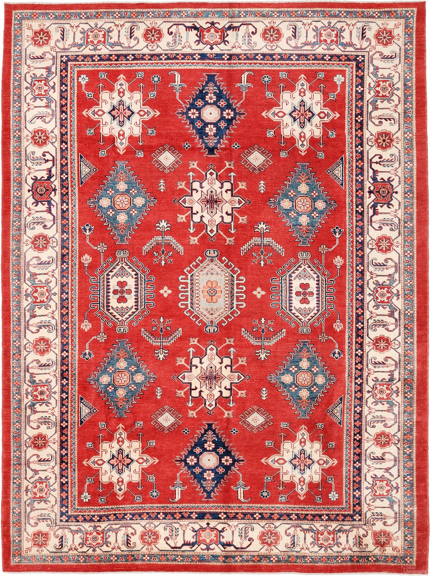 Kazak Collection Wool Area Rug- 8'11" x 11'11" In Ivory and Rust