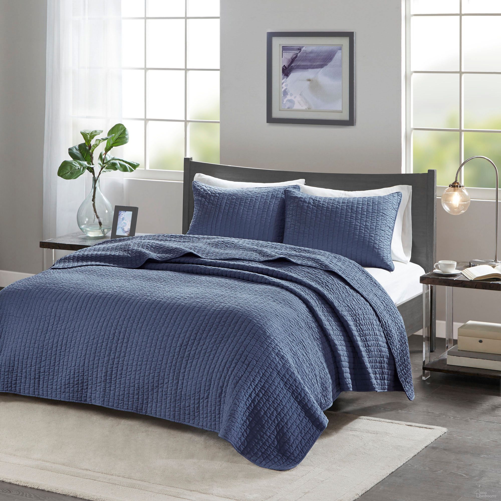 Keaton Polyester Micro Fiber Solid Brushed Fabric Quilted 3 Piece King Coverlet Set In Navy