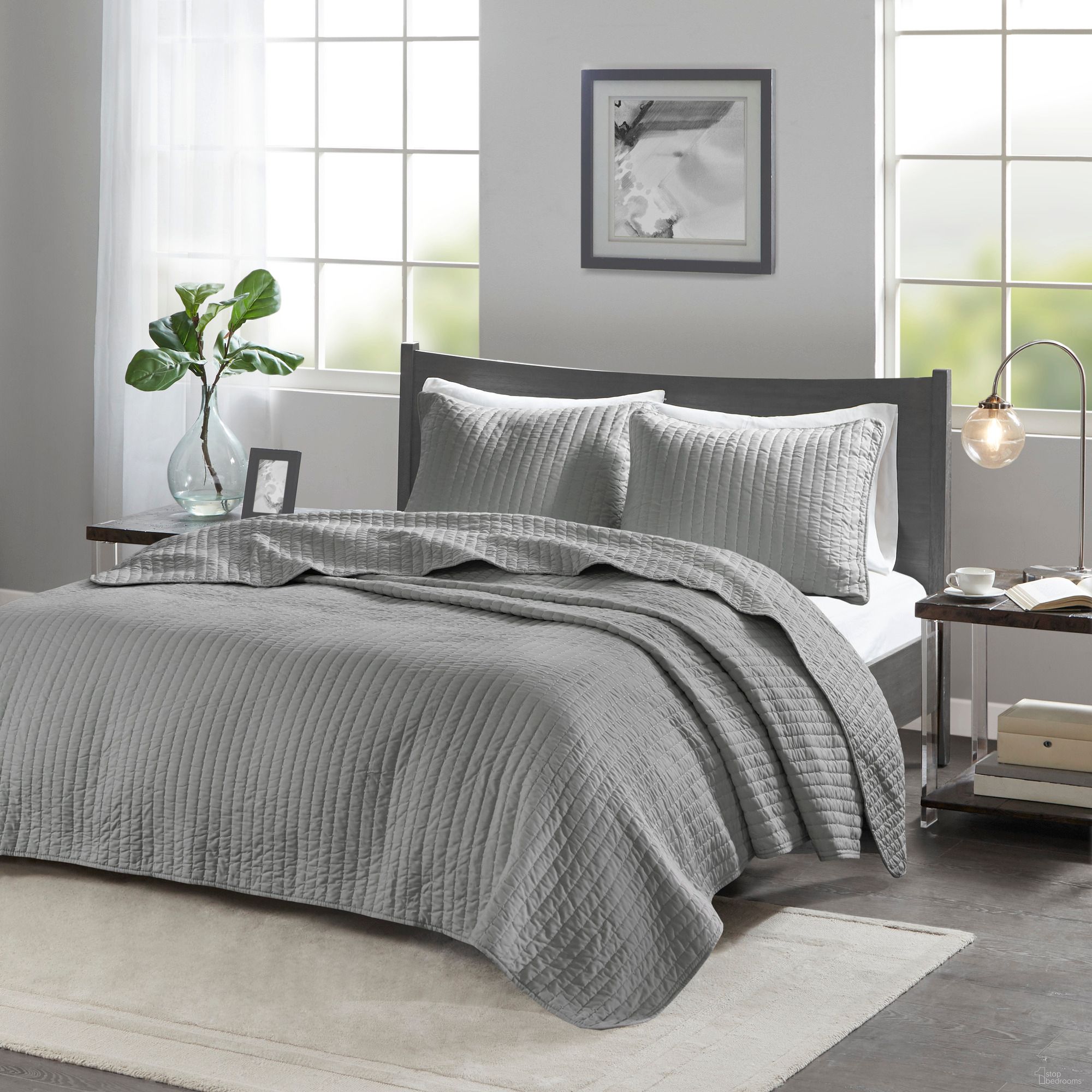 Keaton Polyester Microfiber Solid Brushed Quilted 2 Piece Twin Coverlet Mini Set In Grey