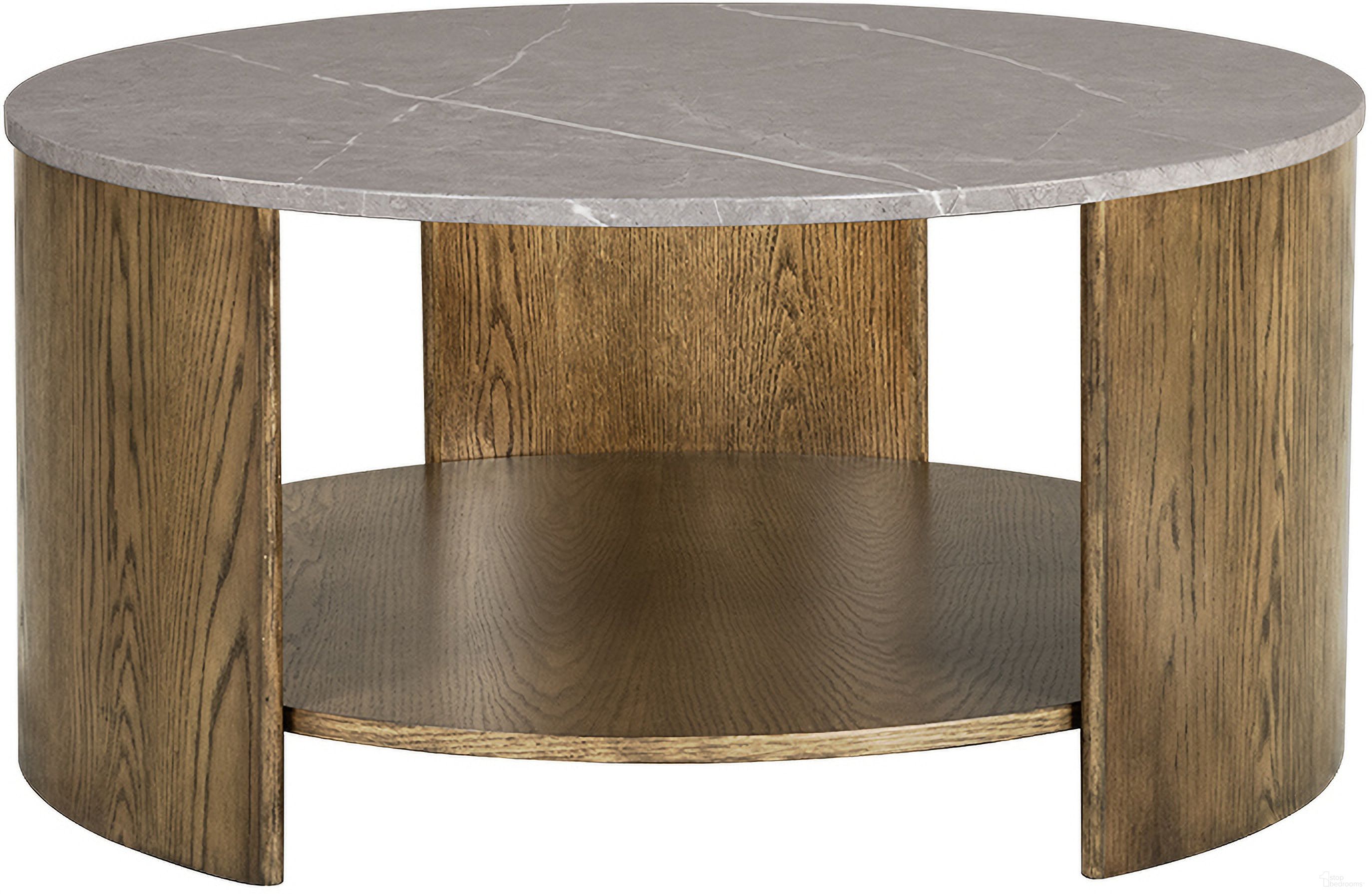 Keegan Round Mixed Material Coffee Table with Shelf In Oak and Marble