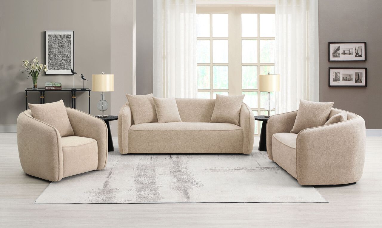 The appearance of Keith Living Room Set with Pillows In Beige Chenille designed by ACME in the modern / contemporary interior design. This beige chenille piece of furniture  was selected by 1StopBedrooms from Keith Collection to add a touch of cosiness and style into your home. Sku: LV03610;LV03611. Material: Upholstered.