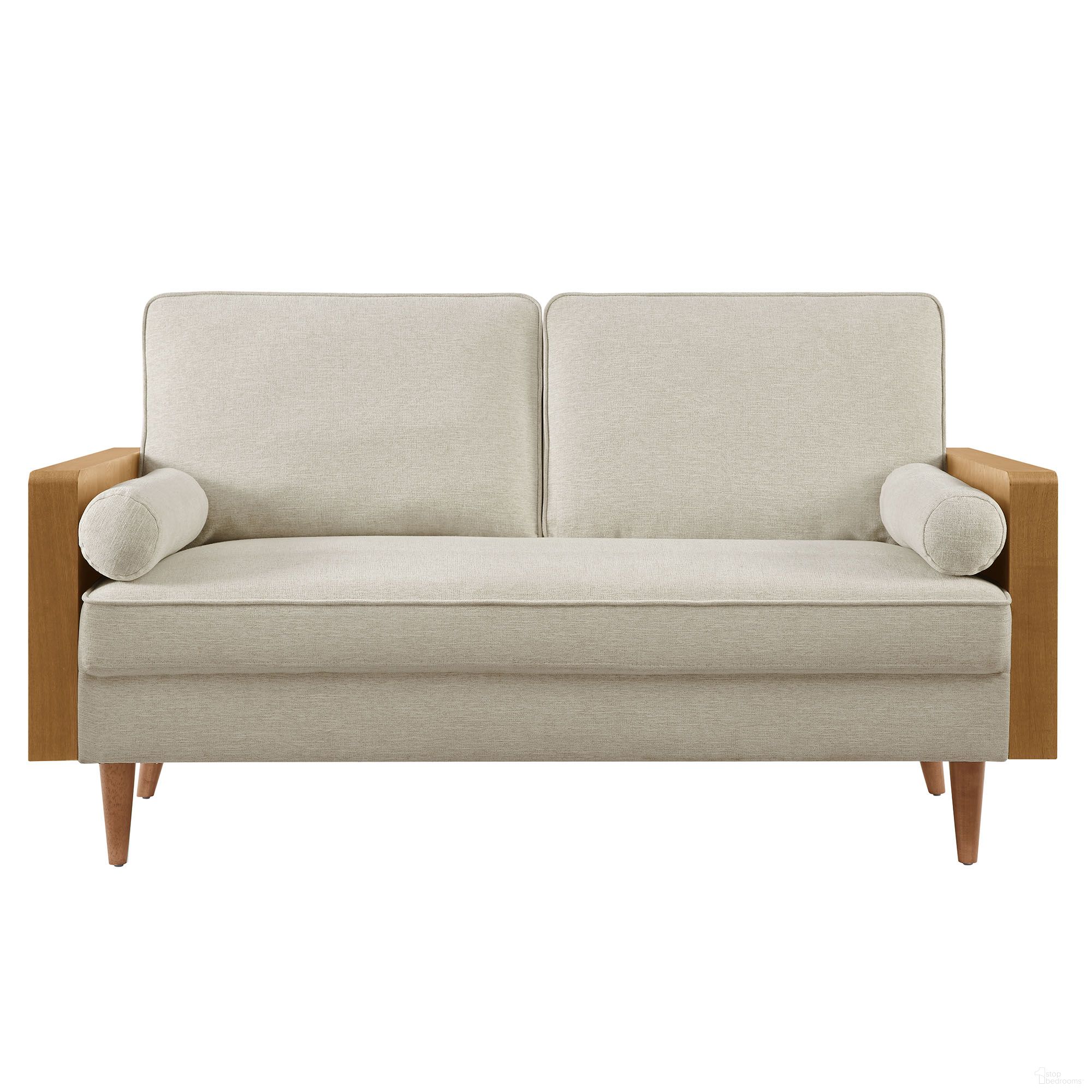 Kellan Heathered Weave Fabric Loveseat In Walnut and Heathered Weave Light Beige