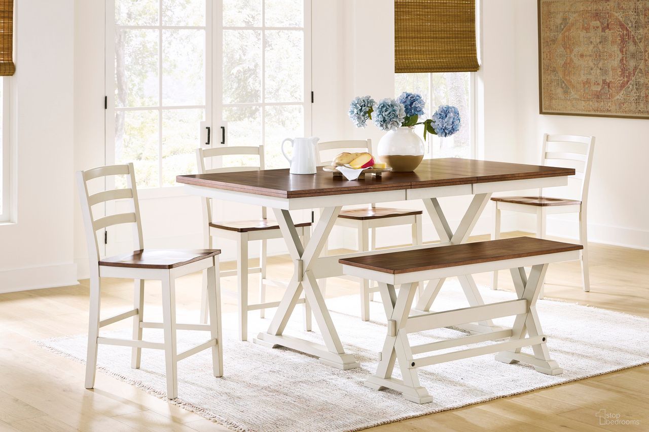 Kellerby Counter Height Extendable Dining Room Set In Antique White/Brown
