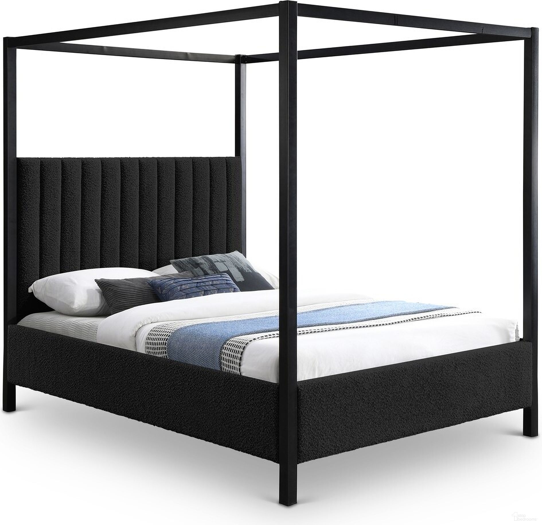 The appearance of Kelly Boucle Fabric King Bed In Black designed by Meridian in the modern / contemporary interior design. This black piece of furniture  was selected by 1StopBedrooms from Kelly Collection to add a touch of cosiness and style into your home. Sku: KellyBlack-K Box 1/3 (Headboard);KellyBlack-K Box 2/3 (Footboard / Rails / Slats / Center Rail / Support Legs);KellyBlack-K Box 3/3 (Metal Canopy). Bed Type: Canopy Bed. Bed Size: King. Material: MDF.