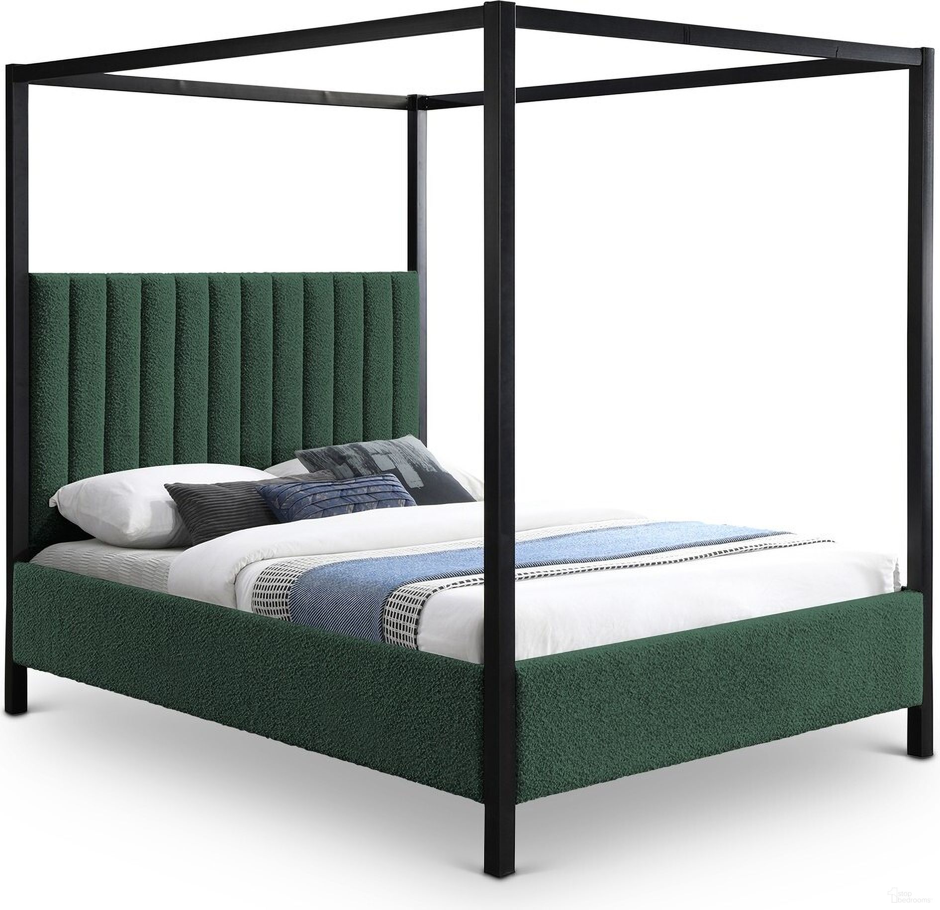 The appearance of Kelly Boucle Fabric King Bed In Green designed by Meridian in the modern / contemporary interior design. This green piece of furniture was selected by 1StopBedrooms from Kelly Collection to add a touch of cosiness and style into your home. Sku: KellyGreen-K Box 1/3 (Headboard);KellyGreen-K Box 2/3 (Footboard / Rails / Slats / Center Rail / Support Legs);KellyGreen-K Box 3/3 (Metal Canopy). Bed Type: Canopy Bed. Bed Size: King. Material: MDF.