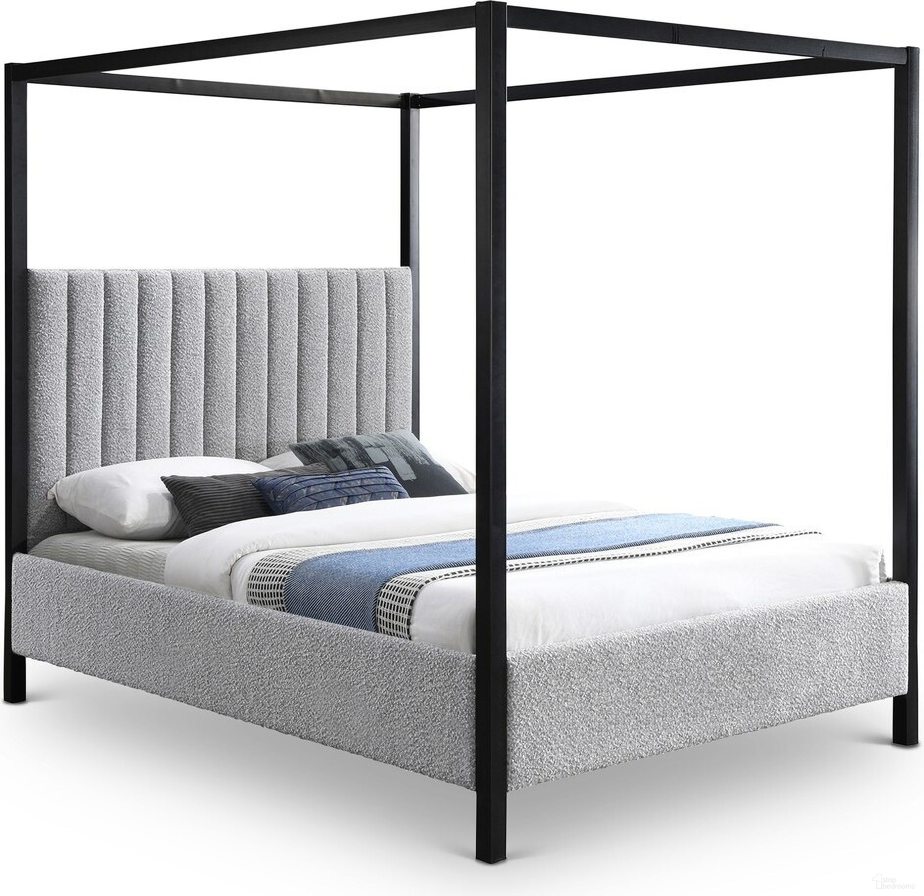The appearance of Kelly Boucle Fabric King Bed In Grey designed by Meridian in the modern / contemporary interior design. This grey piece of furniture  was selected by 1StopBedrooms from Kelly Collection to add a touch of cosiness and style into your home. Sku: KellyGrey-K Box 1/3 (Headboard);KellyGrey-K Box 2/3 (Footboard / Rails / Slats / Center Rail / Support Legs);KellyGrey-K Box 3/3 (Metal Canopy). Bed Type: Canopy Bed. Bed Size: King. Material: MDF.