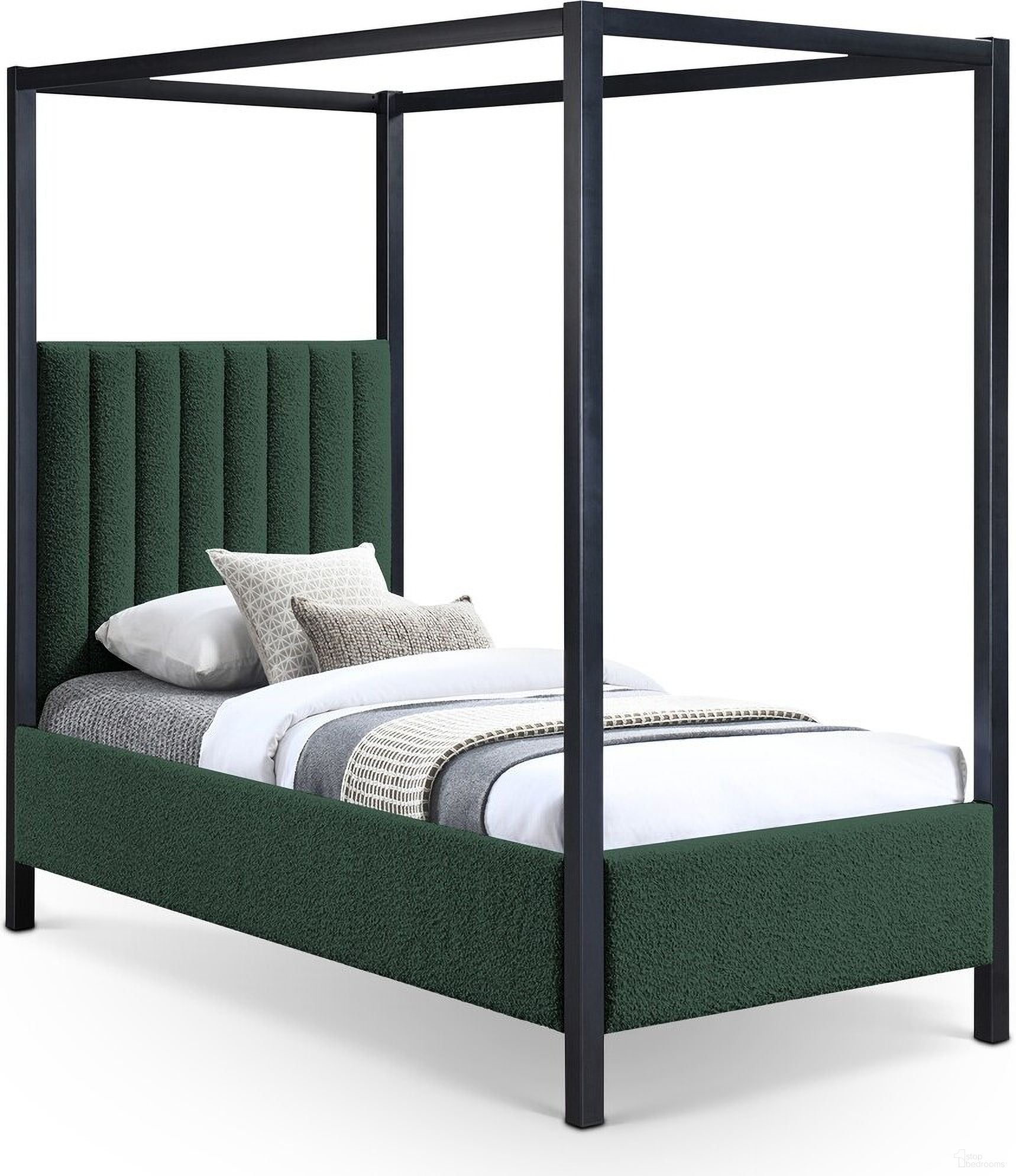 The appearance of Kelly Boucle Fabric Twin Bed In Green designed by Meridian in the modern / contemporary interior design. This green piece of furniture was selected by 1StopBedrooms from Kelly Collection to add a touch of cosiness and style into your home. Sku: KellyGreen-T Box 1/3 (Headboard);KellyGreen-T Box 2/3 (Footboard / Rails / Slats / Center Rail / Support Legs);KellyGreen-T Box 3/3 (Metal Canopy). Bed Type: Canopy Bed. Bed Size: Twin. Material: MDF.