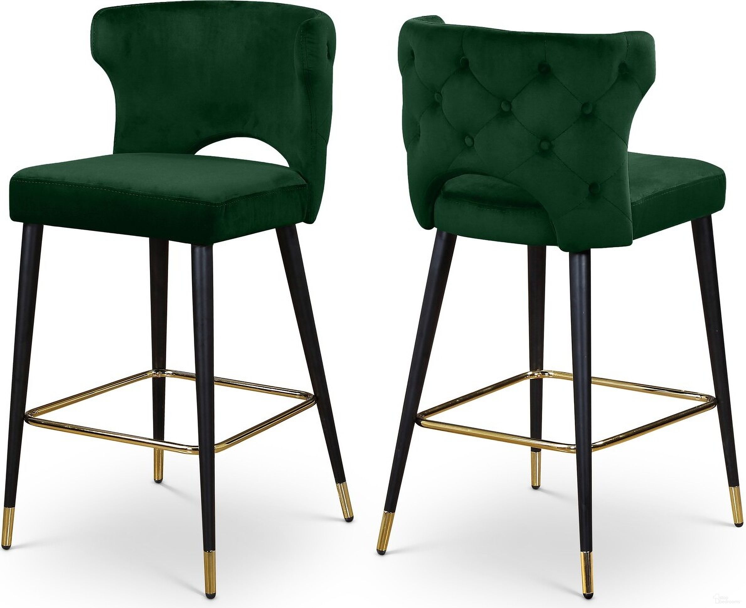 The appearance of Kelly Velvet Stool Set of 2 In Green designed by Meridian in the modern / contemporary interior design. This green piece of furniture was selected by 1StopBedrooms from Kelly Collection to add a touch of cosiness and style into your home. Sku: 791Green-C. Material: Velvet.