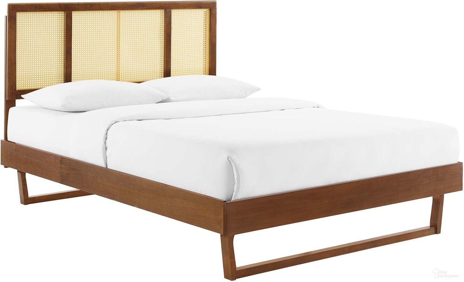 Kelsea Cane and Wood King Platform Bed With Angular Legs In Walnut