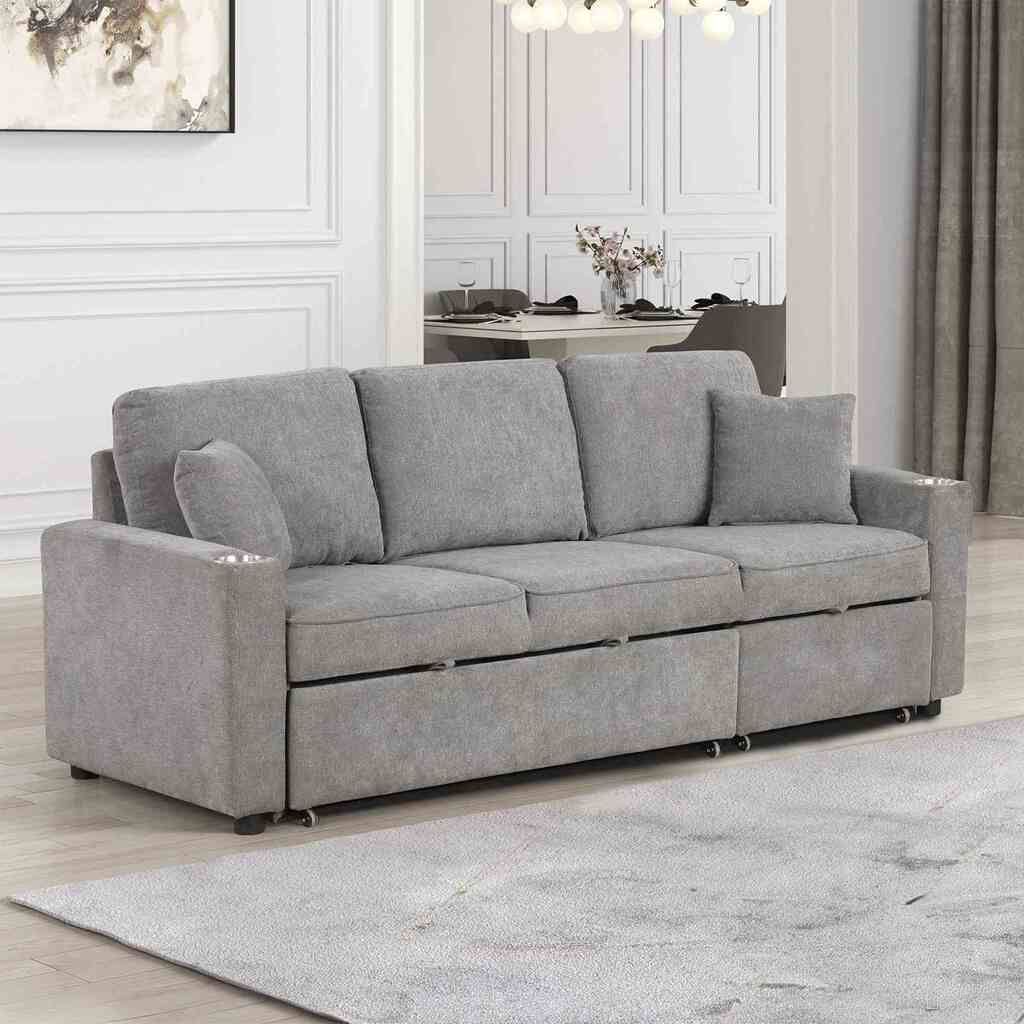 The appearance of Kendal Sleeper Sofa Sectional with Cupholder In Gray designed by Furniture of America in the modern / contemporary interior design. This gray piece of furniture was selected by 1StopBedrooms from Kendal Collection to add a touch of cosiness and style into your home. Sku: FM6965GY-SF-1;FM6965GY-SF-2. Material: Fabric.