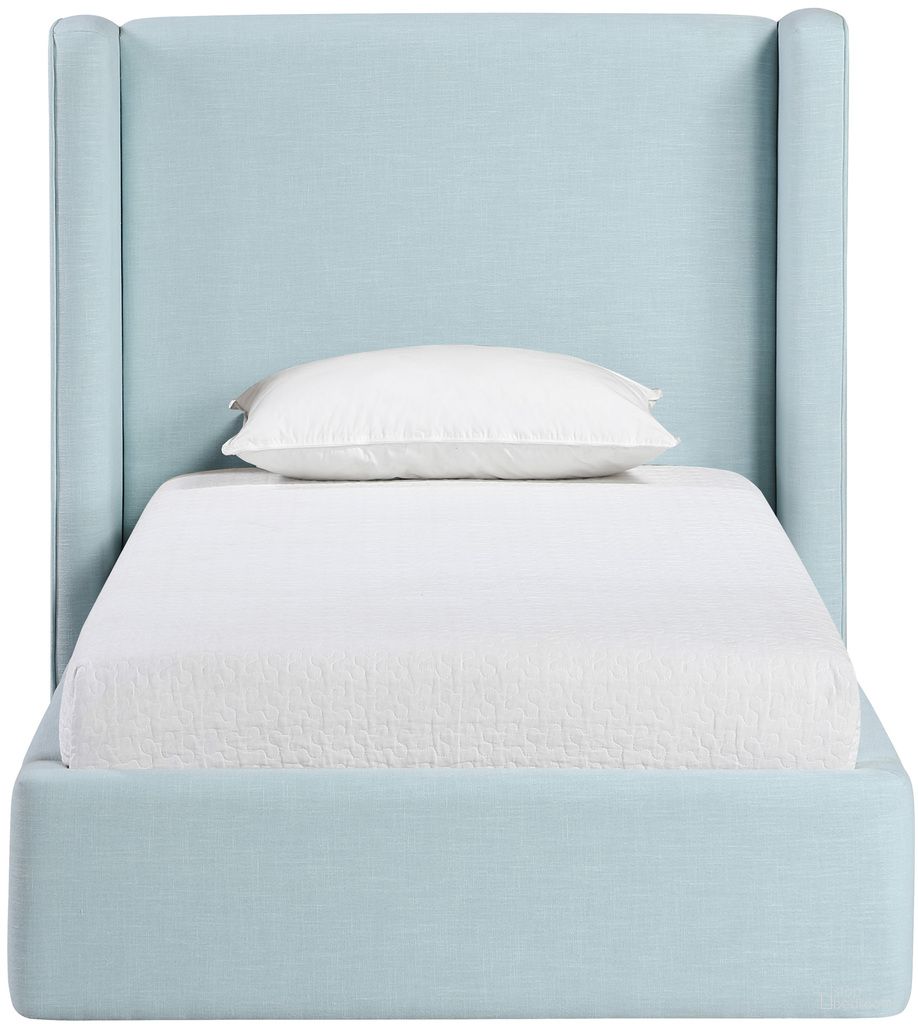 Kendall Linen Textured Fabric Upholstered Twin Bed In Light Blue