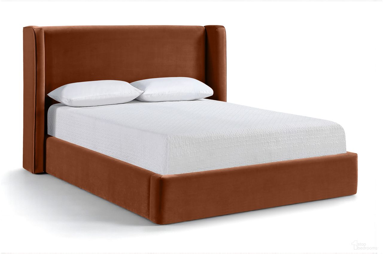 The appearance of Kendall Velvet Upholstered King Bed In Cognac designed by Meridian in the modern / contemporary interior design. This cognac piece of furniture  was selected by 1StopBedrooms from Kendall Collection to add a touch of cosiness and style into your home. Sku: B1283Cognac-K Box 1/2 (Headboard);B1283Cognac-K Box 2/2 (Side Rails / Footboard / Panels / Support Legs / Center Rail / Slats). Bed Size: King. Material: Velvet. Bed Type: Upholstered Bed.