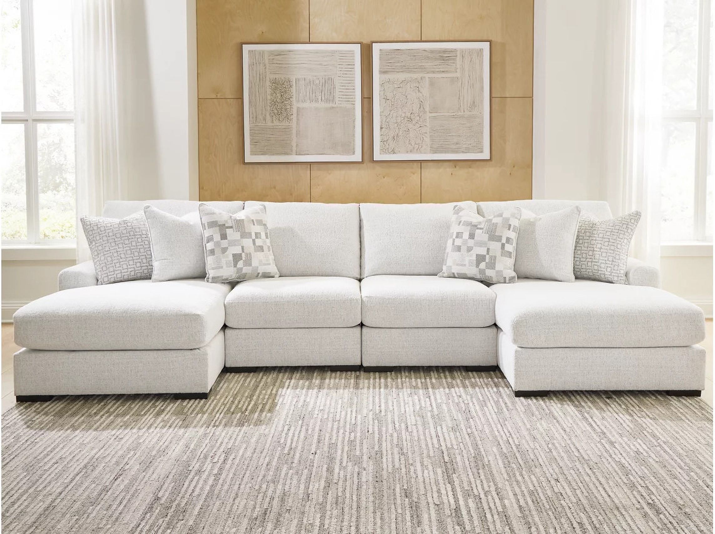 The appearance of Kendrie 4-Piece Double Chaise Sectional In Chalk designed by Signature Design by Ashley in the modern / contemporary interior design. This chalk piece of furniture was selected by 1StopBedrooms from Kendrie Collection to add a touch of cosiness and style into your home. Sku: NC6690616;NC6690646;NC6690646;NC6690617. Material: Performance Fabric. Layout: U-Shape.