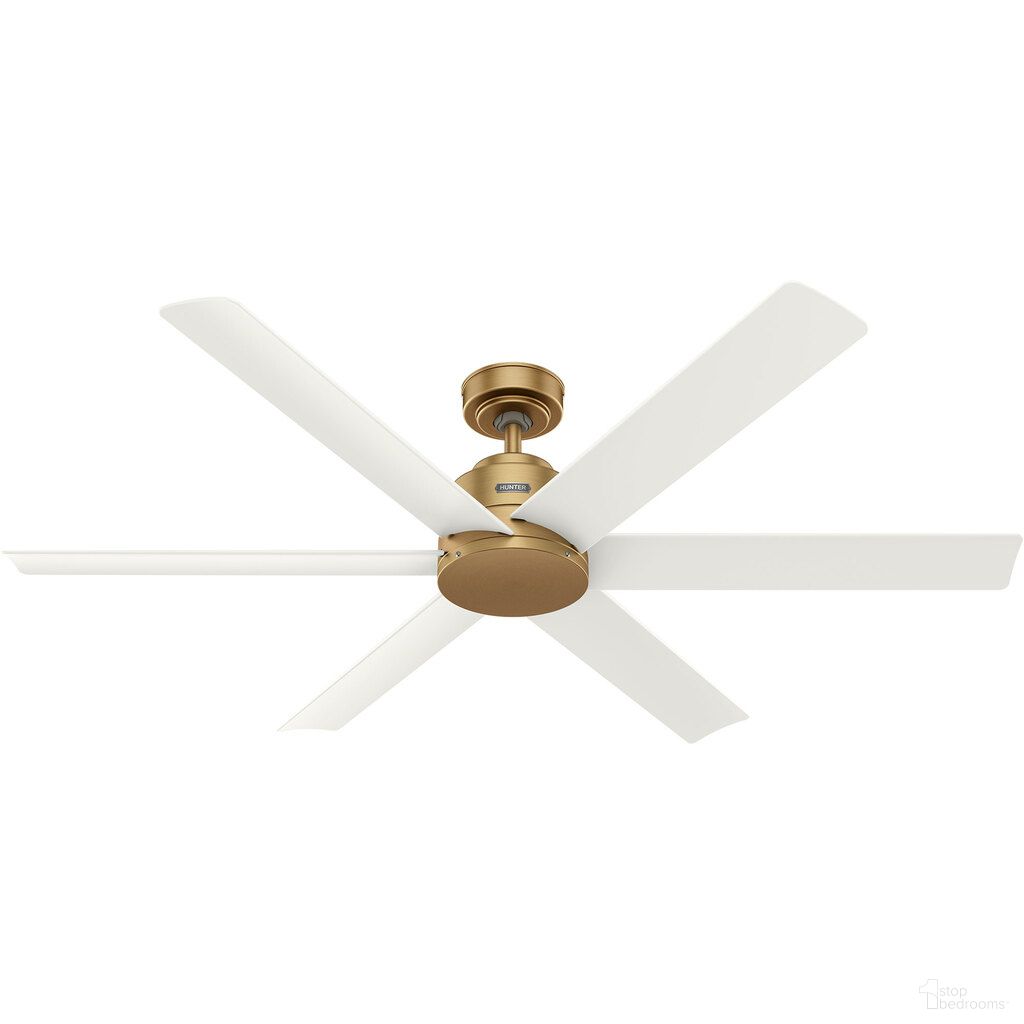 The appearance of Kennicott 60 Inch Energy Star Damp Rated Ceiling Fan and Handheld Remote In Luxe Gold and Fresh White designed by Hunter Fan in the transitional interior design. This luxe gold/fresh white piece of furniture was selected by 1StopBedrooms from Kennicott Collection to add a touch of cosiness and style into your home. Sku: 51833. Material: Plastic.