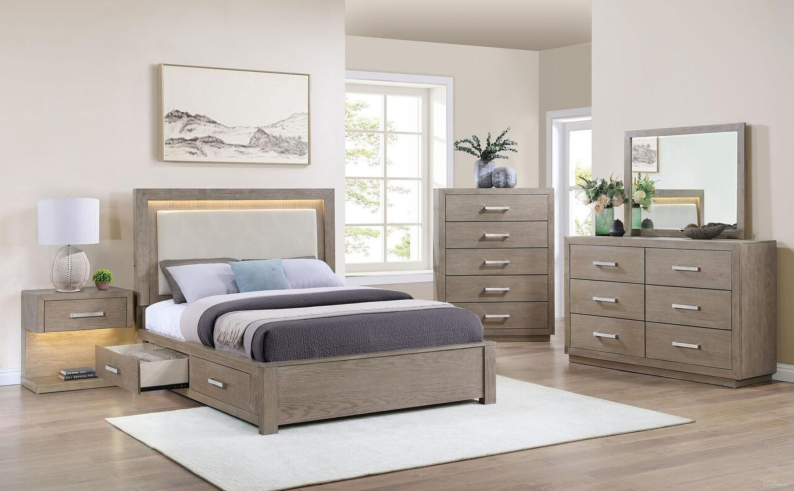 The appearance of Kenora LED Storage Bedroom Set In Barley Brown designed by Coaster in the transitional interior design. This barley brown piece of furniture was selected by 1StopBedrooms from Kenora Collection to add a touch of cosiness and style into your home. Sku: 224850QB1;224850QB2;224850QB3;224852. Material: Wood. Bed Size: California King.