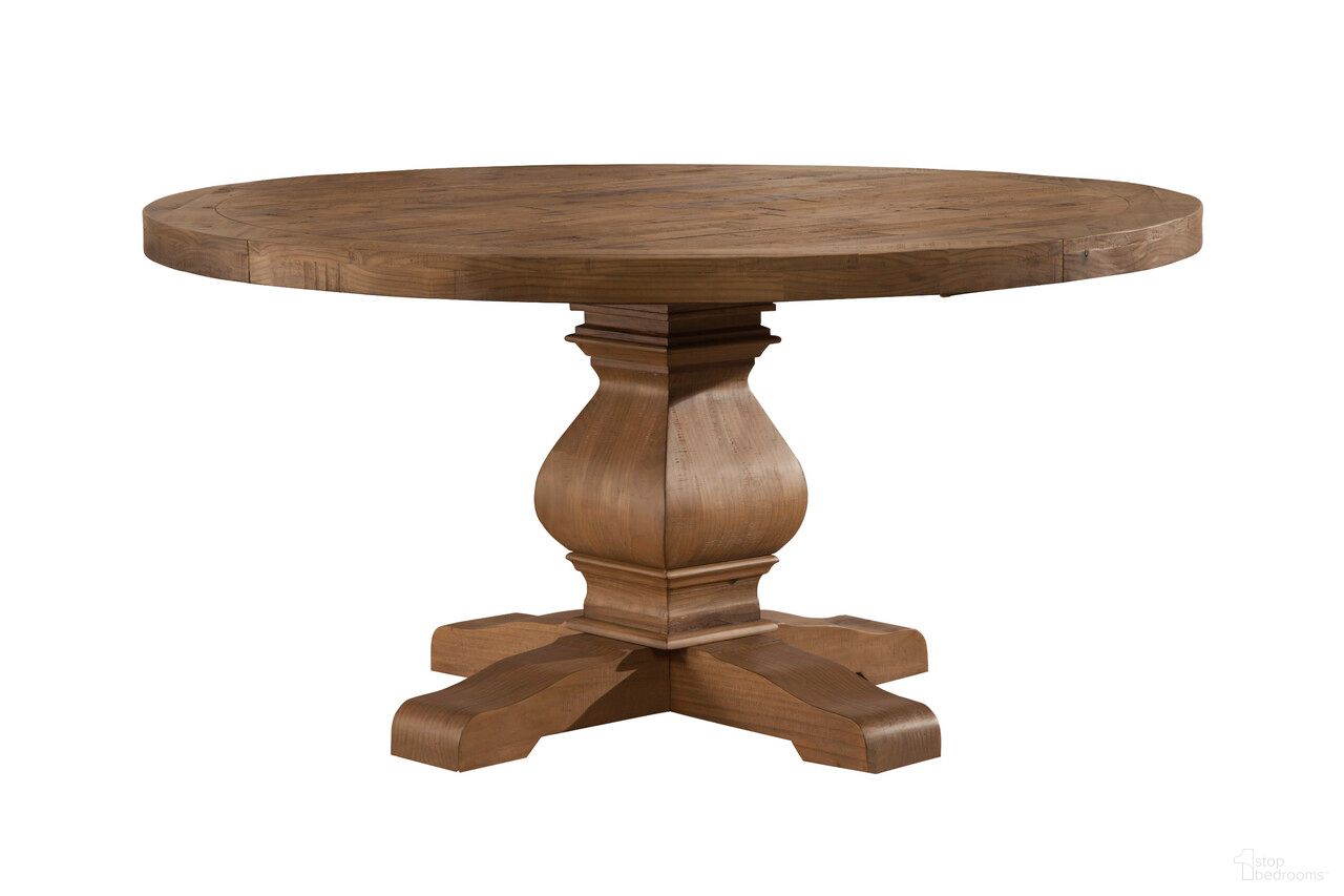The appearance of Kensington Round Solid Pine Dining Table In Reclaimed Natural designed by Alpine in the country / farmhouse interior design. This reclaimed natural piece of furniture  was selected by 1StopBedrooms from Kensington Collection to add a touch of cosiness and style into your home. Sku: 2668-25. Table Base Style: Pedestal. Table Top Shape: Round. Material: Solid Pine. Size: 60".