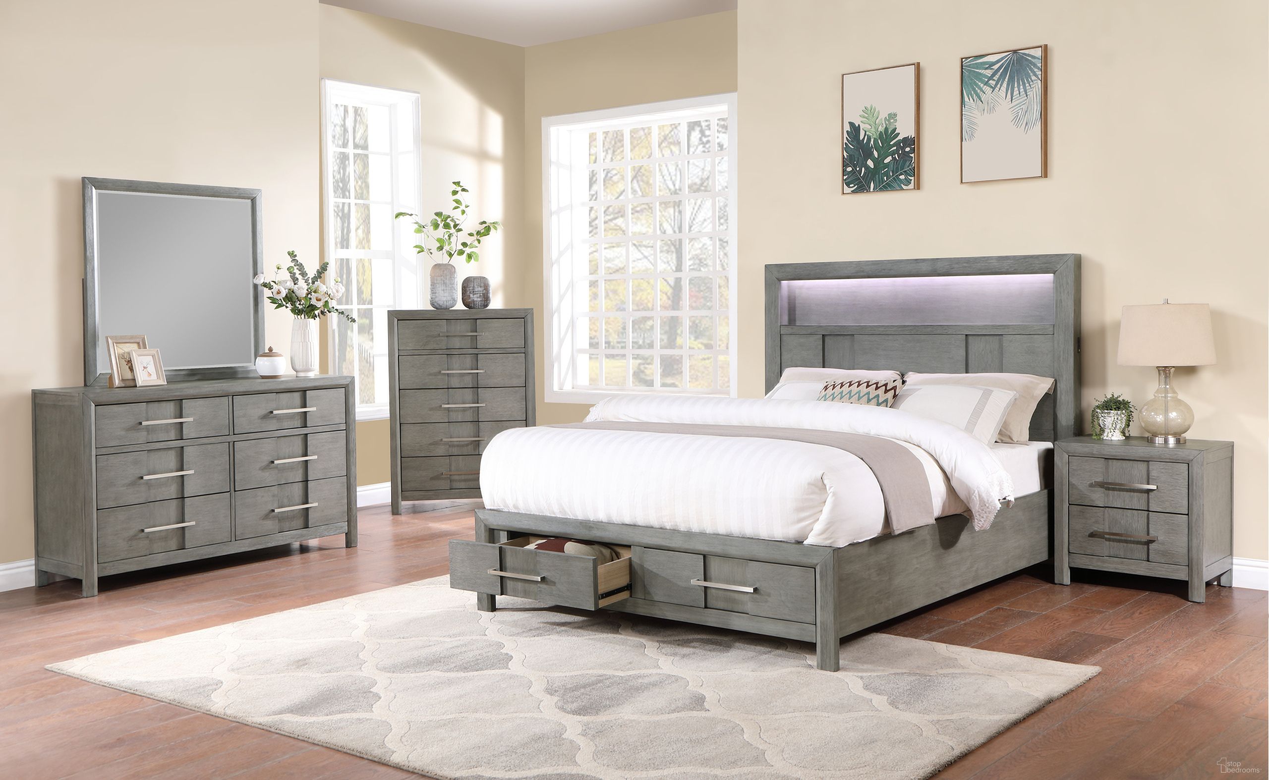 The appearance of Kenzo 5 Piece Storage King Bedroom Set with LED Headboard, Bluetooth Speakers and USB Ports In Gray designed by Galaxy Home Furnishings in the modern / contemporary interior design. This gray piece of furniture  was selected by 1StopBedrooms from Kenzo Collection to add a touch of cosiness and style into your home. Sku: 601955550468;601955550475;601955550444;601955550437-1;601955550437-2;601955550437-3;601955550451. Bed Type: Storage Bed. Material: Wood. Bed Size: King.