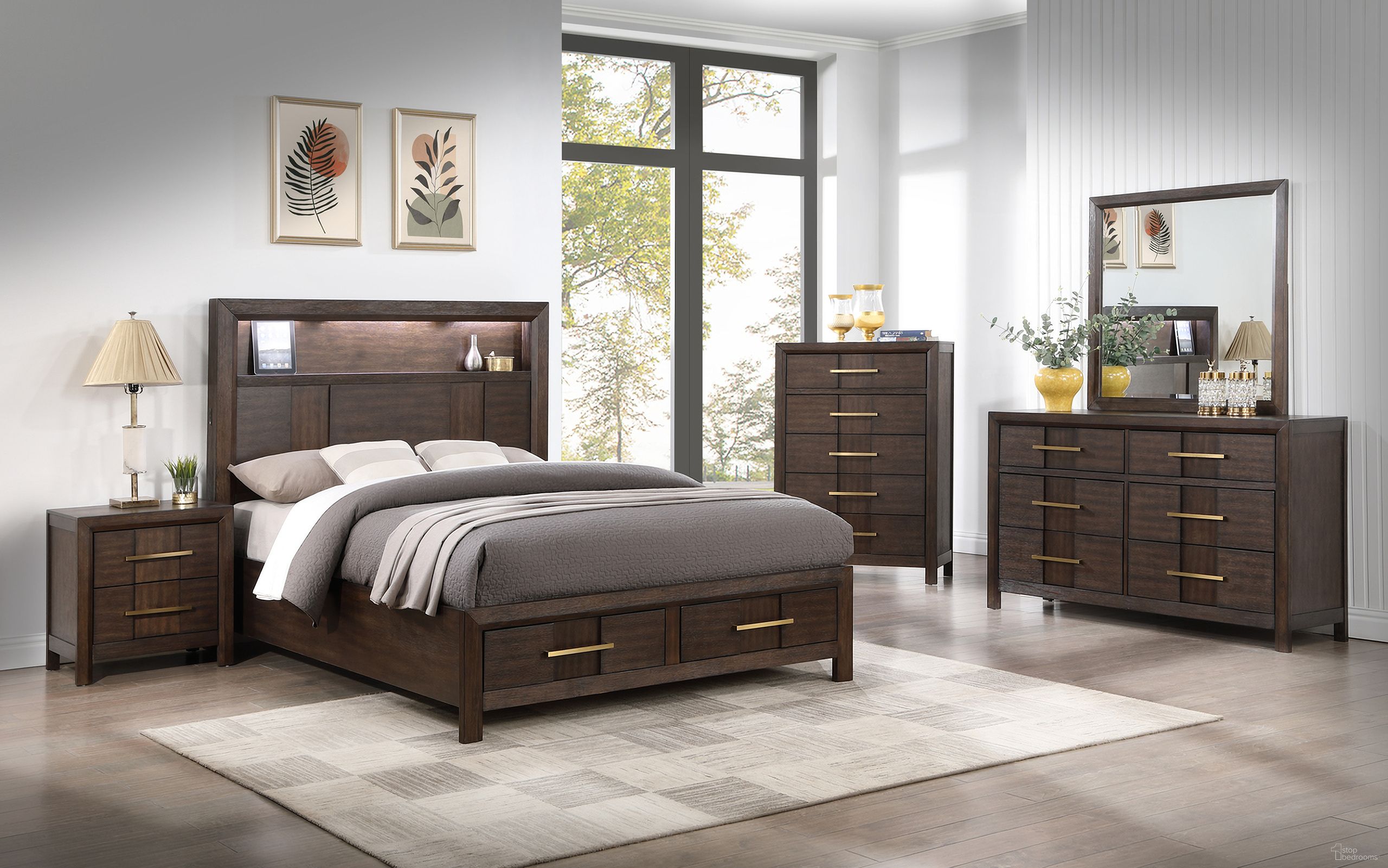Kenzo 5 Piece Storage Queen Bedroom Set with LED Headboard, Bluetooth Speakers and USB Ports In Walnut