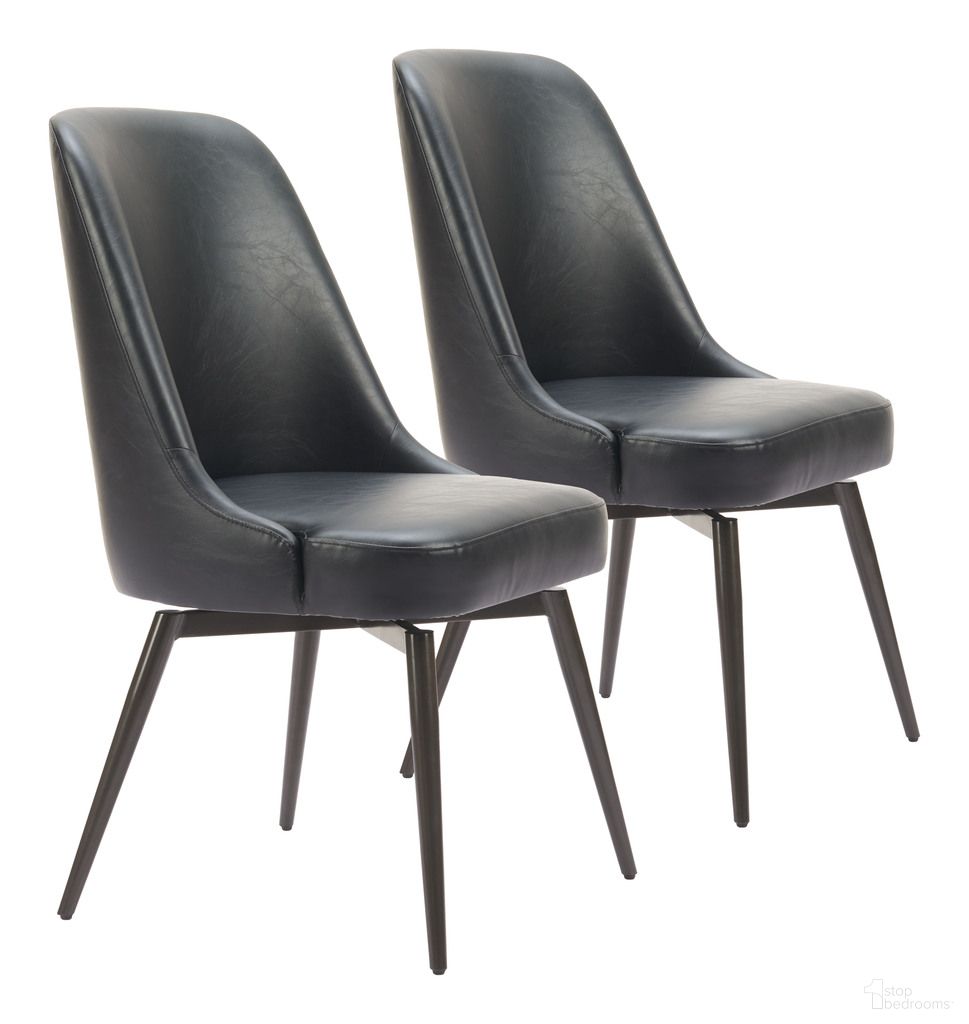 The appearance of Keppel Swivel Dining Chair Set of 2 In Black designed by Zuo Modern in the modern / contemporary interior design. This black piece of furniture  was selected by 1StopBedrooms from Keppel Collection to add a touch of cosiness and style into your home. Sku: 110843. Material: Polyurethane. Chair Type: Side Chair.
