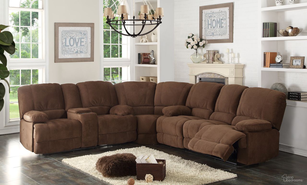 The appearance of Kevin Contemporary 3 Piece Upholstered Sectional with Storage Console and Cup Holders In Brown designed by AC Pacific in the modern / contemporary interior design. This brown piece of furniture was selected by 1StopBedrooms from Kevin Collection to add a touch of cosiness and style into your home. Sku: KEVIN-II-BROWN-3-PC-SECTIONAL. Material: Polyester.