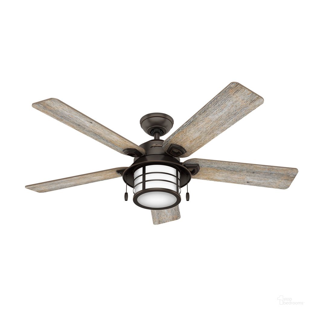 The appearance of Key Biscayne 54 Inch Damp Rated Ceiling Fan with LED Light Kit and Pull Chain In Onyx Bengal and Barnwood designed by Hunter Fan in the rustic / southwestern interior design. This onyx bengal/barnwood piece of furniture  was selected by 1StopBedrooms from Key Biscayne Collection to add a touch of cosiness and style into your home. Sku: 59273. Material: Plywood.