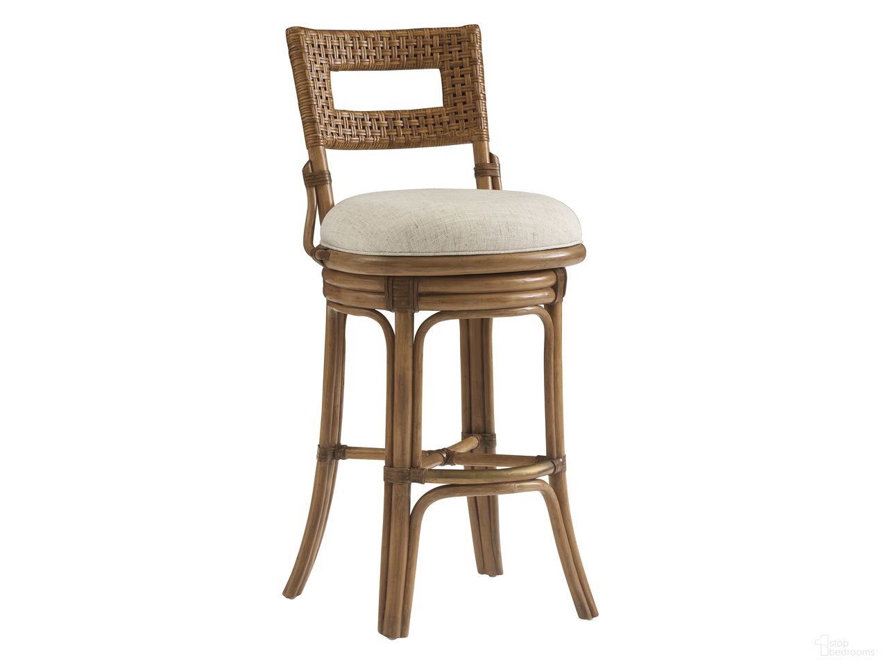 The appearance of Key Biscayne Bay Harbour Swivel Bar Stool In Natural designed by Tommy Bahama in the coastal interior design. This natural piece of furniture was selected by 1StopBedrooms from Key Biscayne Collection to add a touch of cosiness and style into your home. Sku: 579-896-01. Material: Veneer.