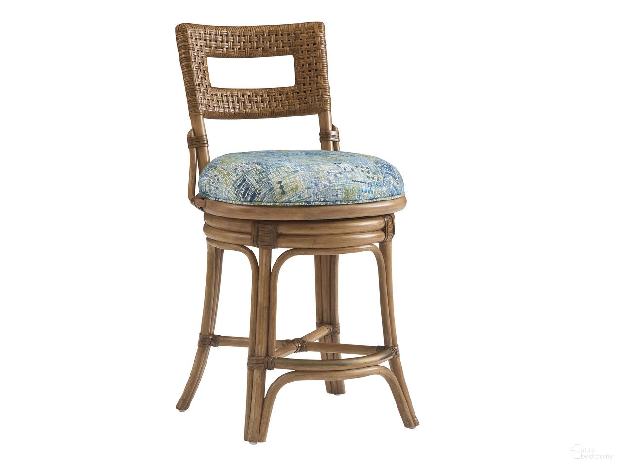 The appearance of Key Biscayne Bay Harbour Swivel Counter Stool In Sunwashed designed by Tommy Bahama in the coastal interior design. This sunwashed piece of furniture  was selected by 1StopBedrooms from Key Biscayne Collection to add a touch of cosiness and style into your home. Sku: 579-895-41. Material: Veneer.