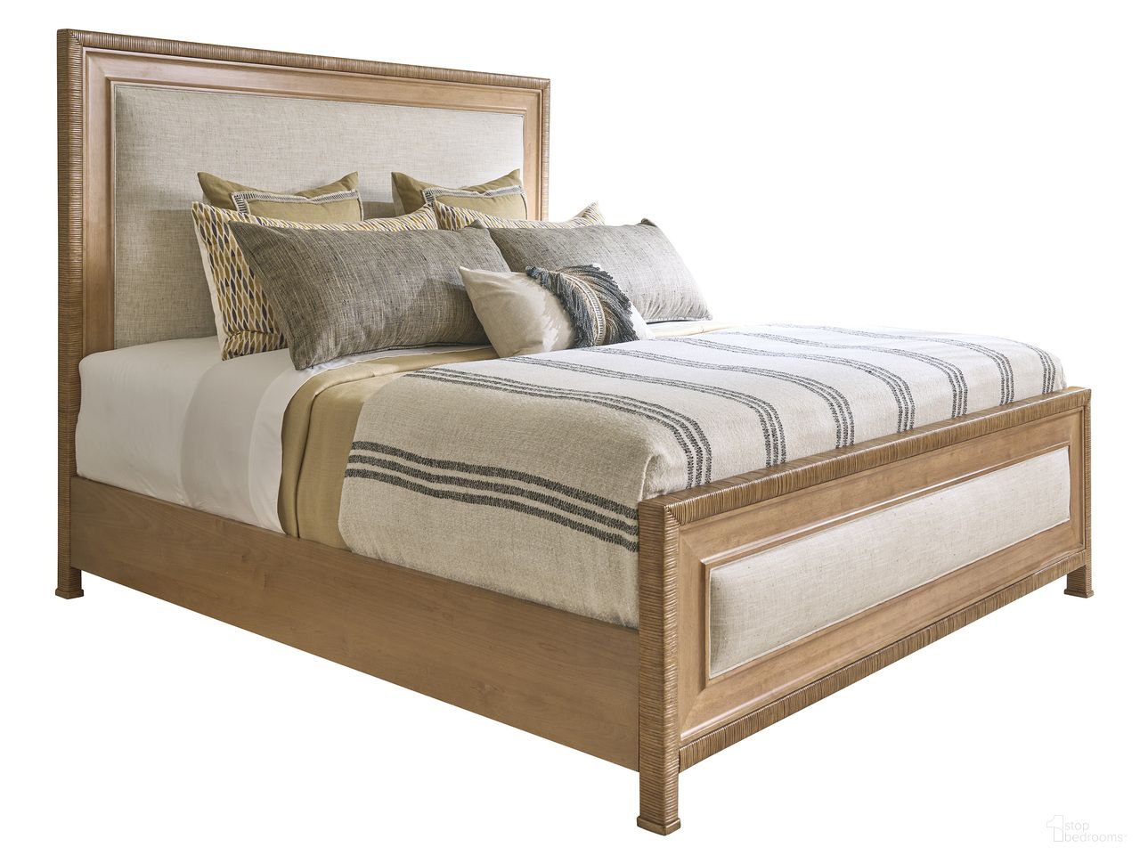 The appearance of Key Biscayne Grand Isle King Upholstered Bed In Sunwashed designed by Tommy Bahama in the coastal interior design. This sunwashed piece of furniture  was selected by 1StopBedrooms from Key Biscayne Collection to add a touch of cosiness and style into your home. Sku: 579-134C. Bed Size: King. Material: Veneer. Bed Type: Upholstered Bed.