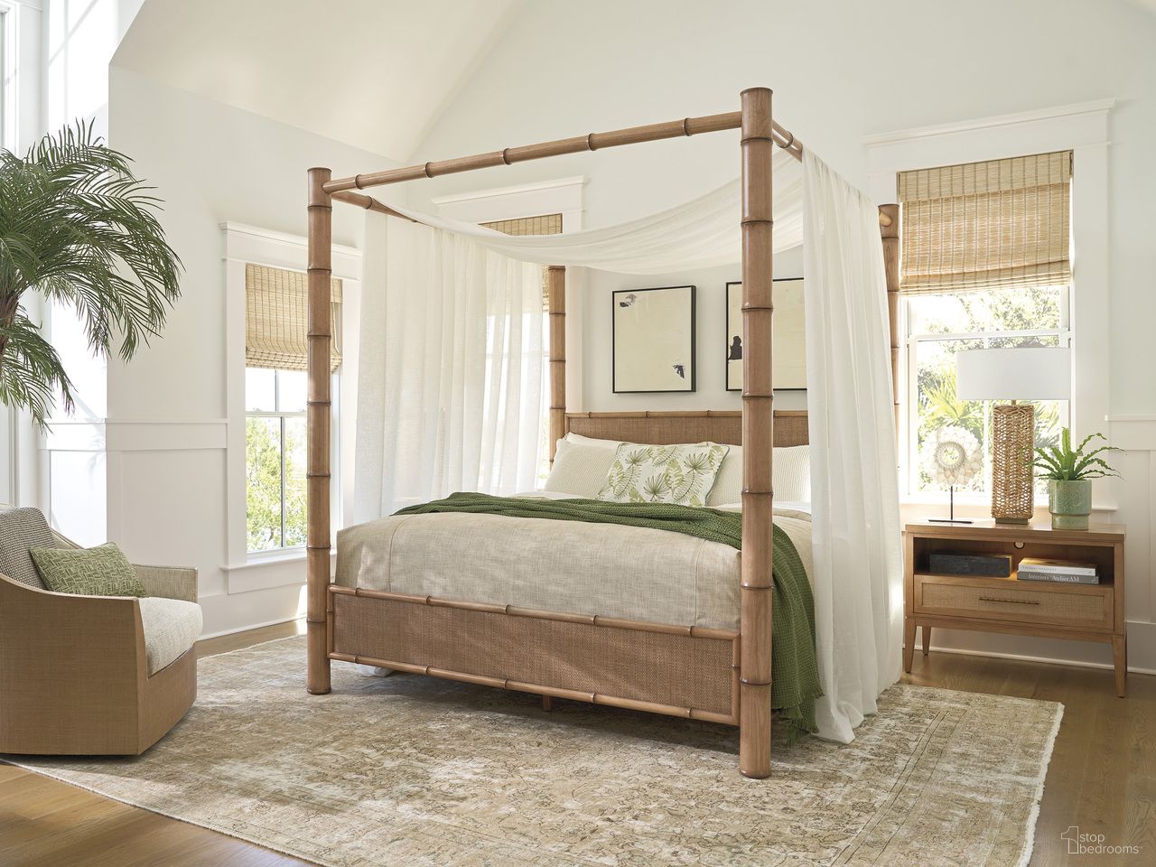 The appearance of Key Biscayne Islandia Canopy Bedroom Set In Sunwashed designed by Tommy Bahama in the coastal interior design. This sunwashed piece of furniture was selected by 1StopBedrooms from Key Biscayne Collection to add a touch of cosiness and style into your home. Sku: 579-173C;579-623. Bed Size: Queen. Material: Veneer.
